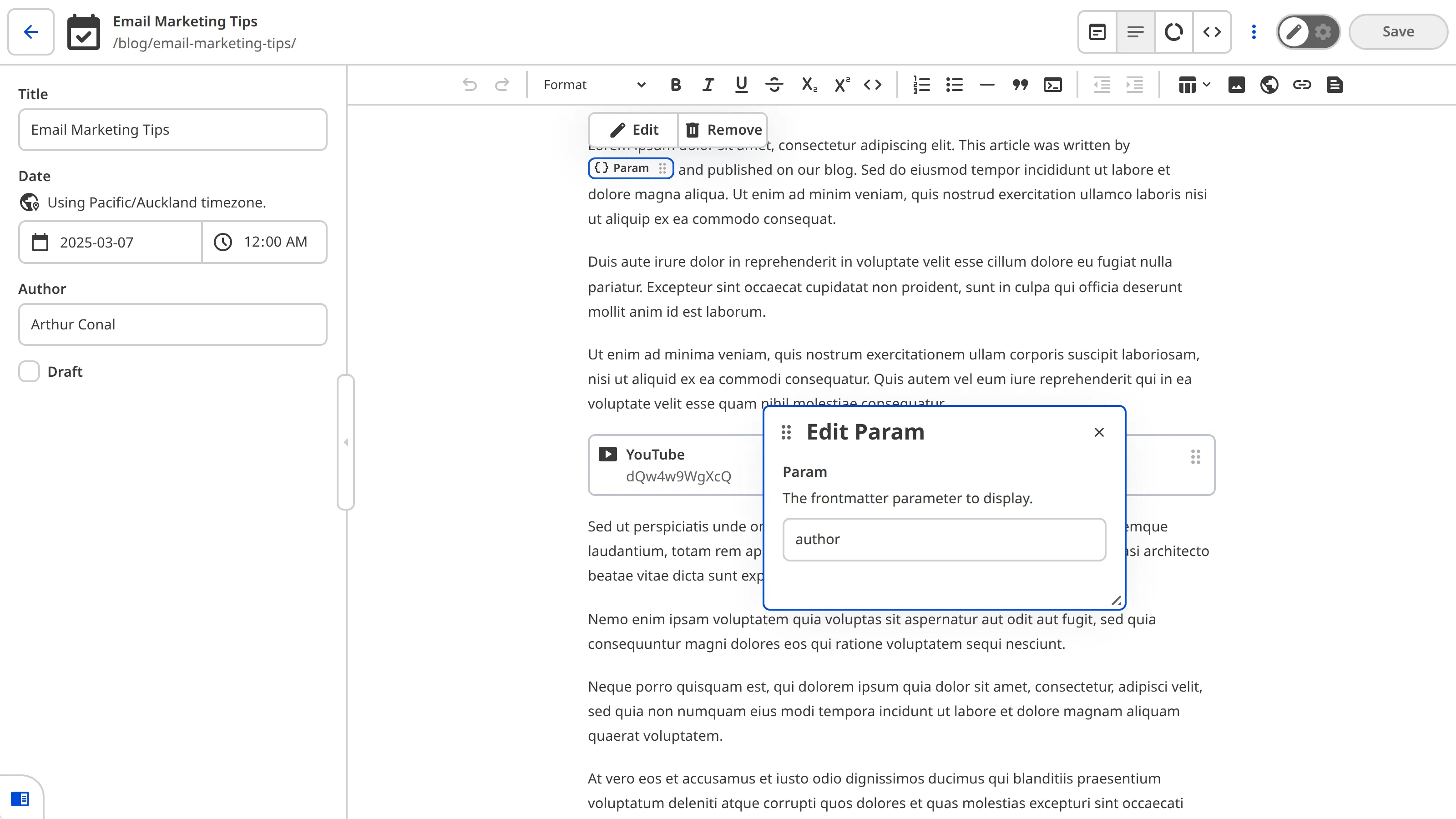 A screenshot of the Content Editor shows a blog post with an inline Param Snippet within a paragraph of text and the Snippet data panel open for editing.