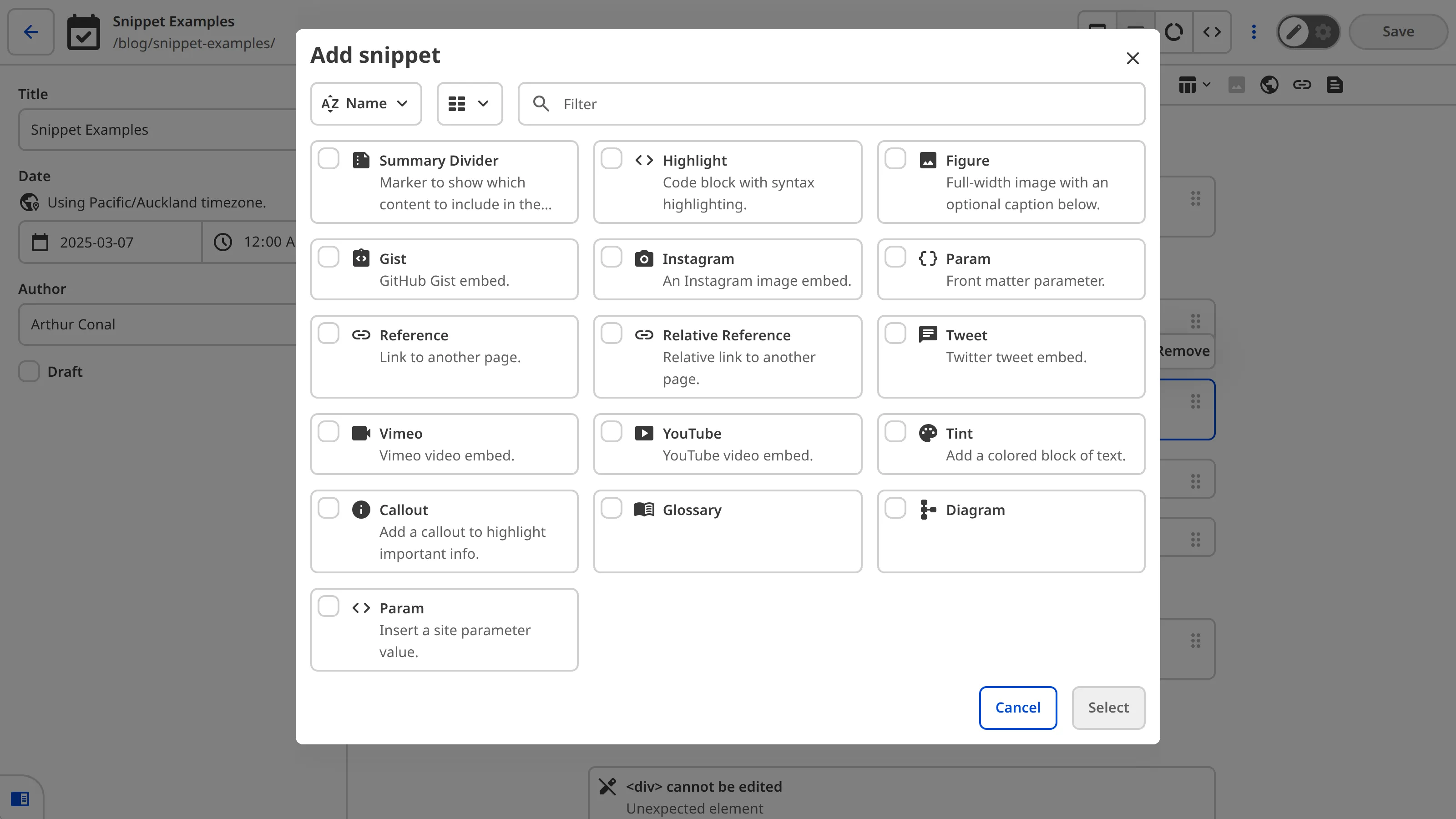 A screenshot of the Snippets pop-up modal in the Content Editor shows a selection of Snippets available to insert into rich text.