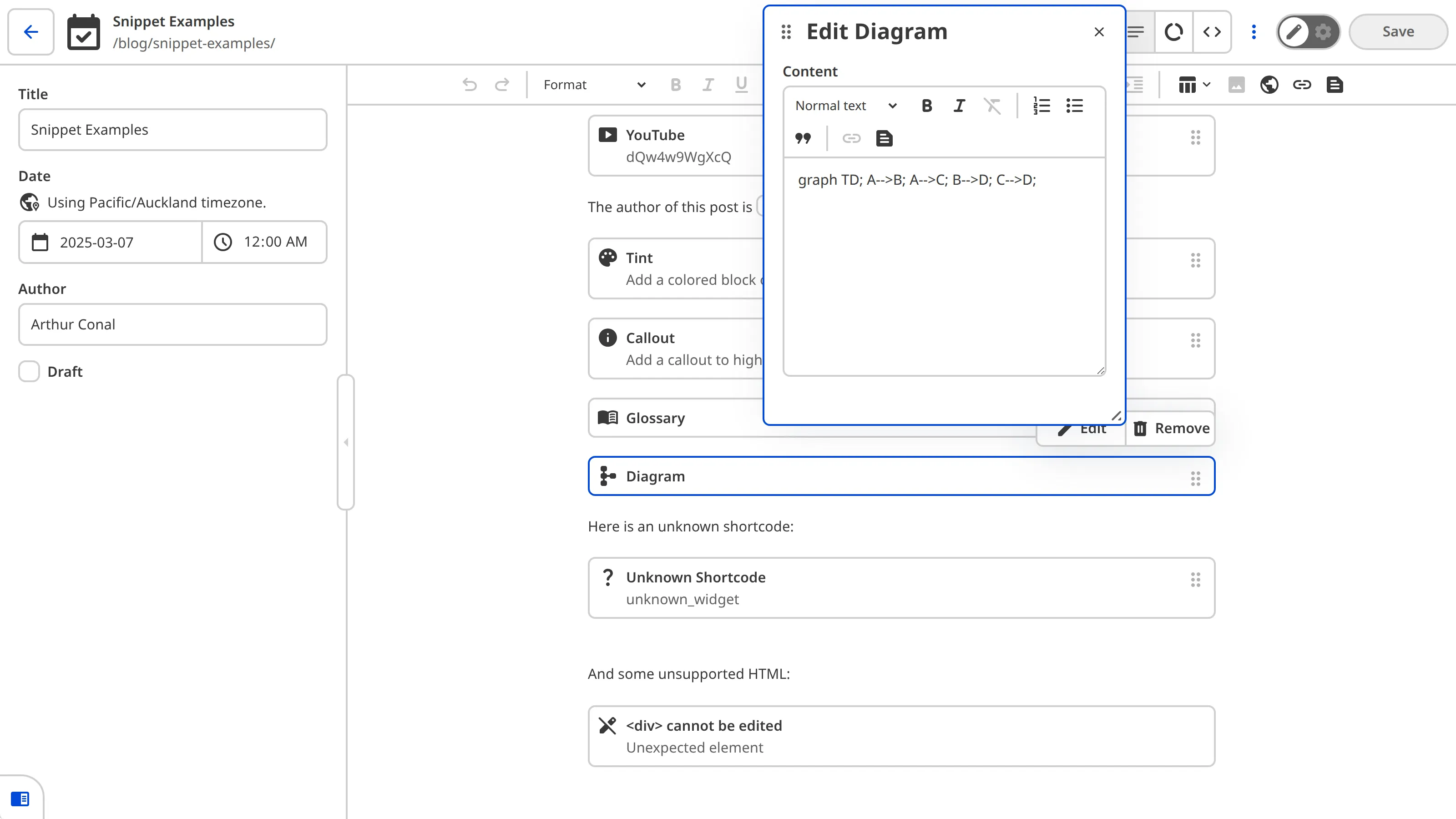 The Content Editor showing a Diagram Snippet block selected with the data editor panel open, displaying the Content input.