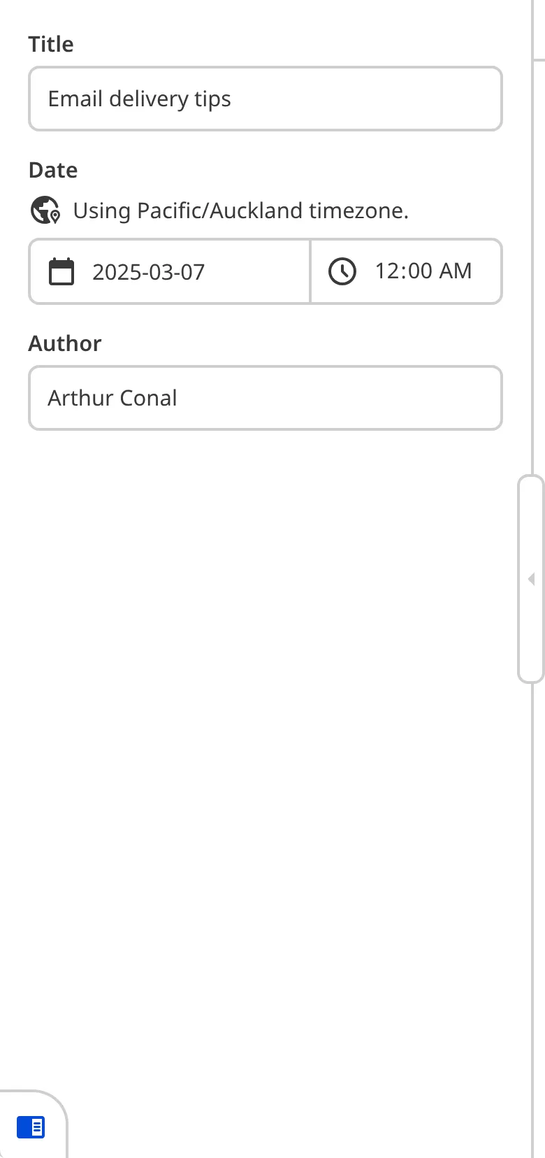 A closeup of the Content Editor sidebar, showing the front matter fields of a blog file.
