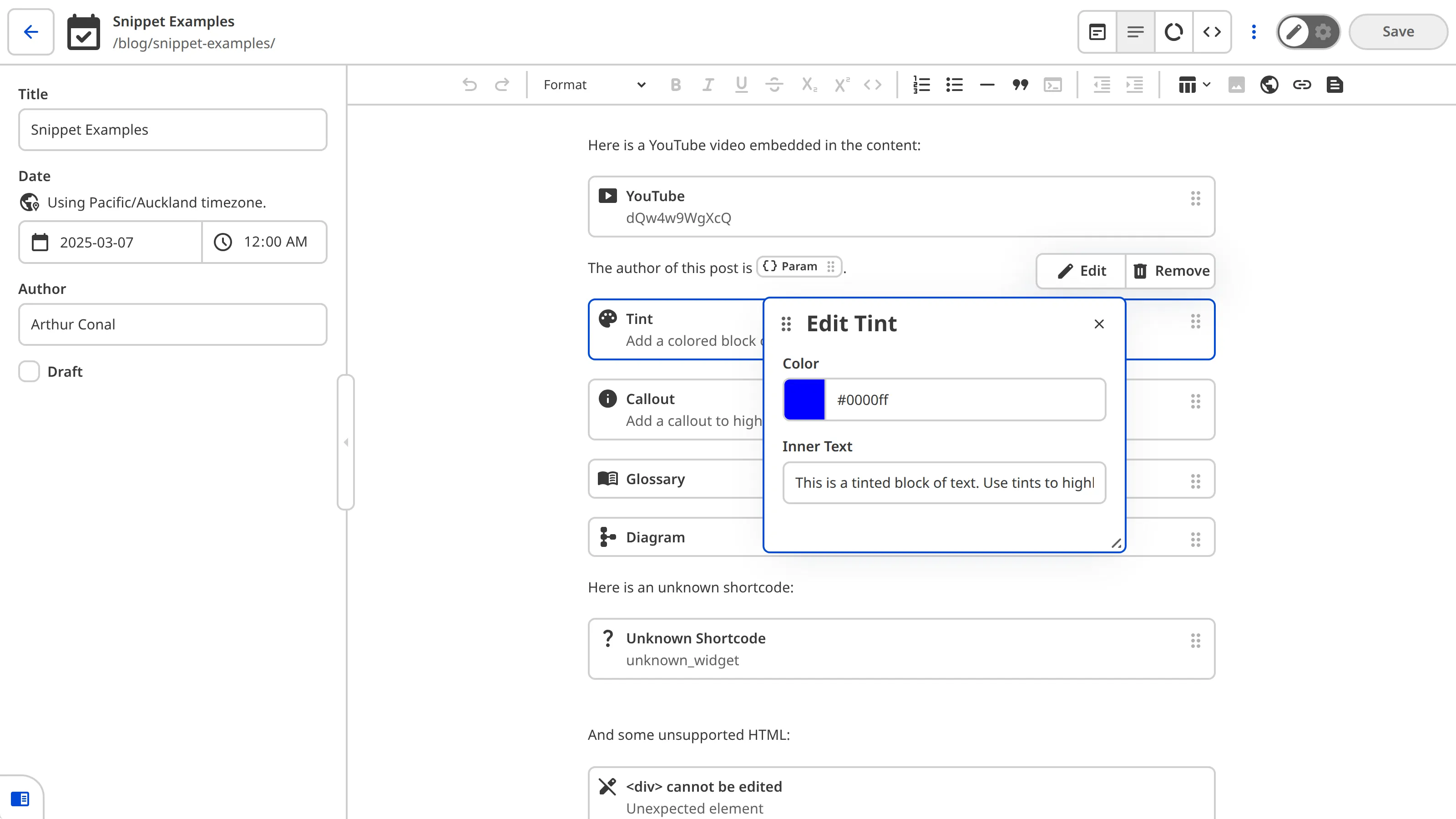 The Content Editor showing a Tint Snippet block selected with the data editor panel open, displaying Color and Inner Text inputs.