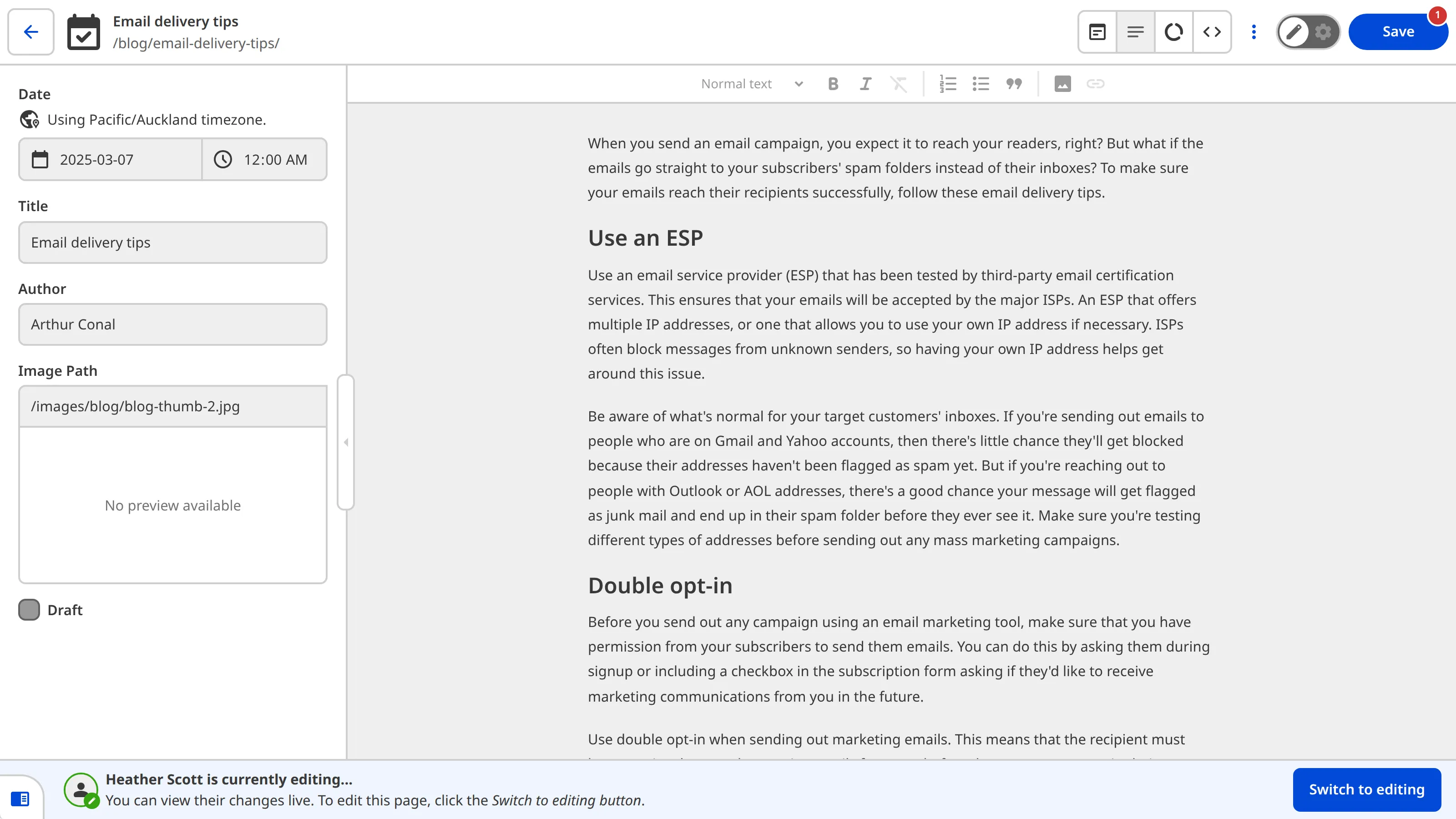 A screenshot of the Content Editor in read-only mode, with a banner at the bottom to switch to editing.