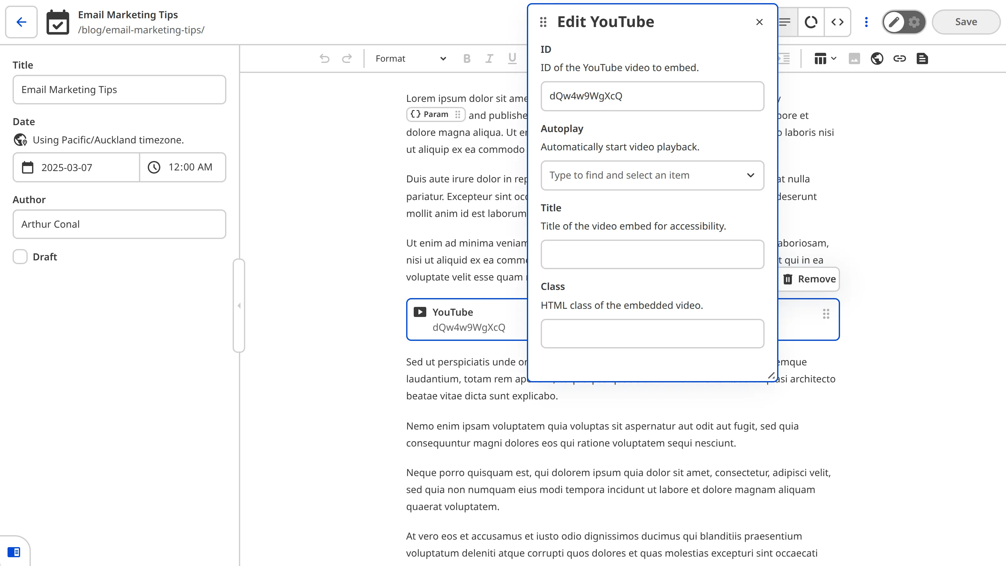 The Content Editor shows a YouTube snippet in the rich text content with its data panel open for editing.