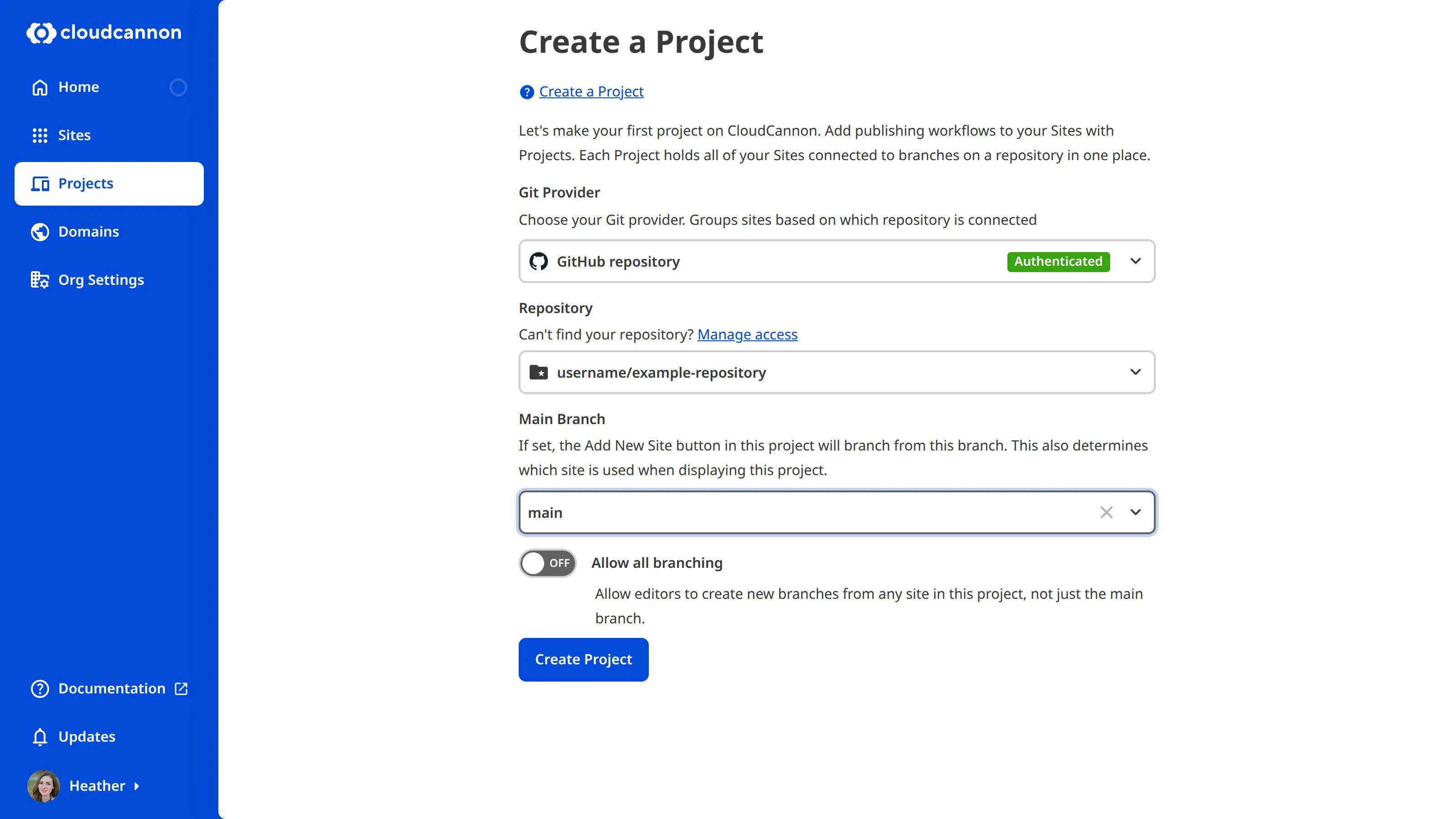 A screenshot of the Create a Project form with all fields completed, including Git Provider, Repository, and Main Branch.