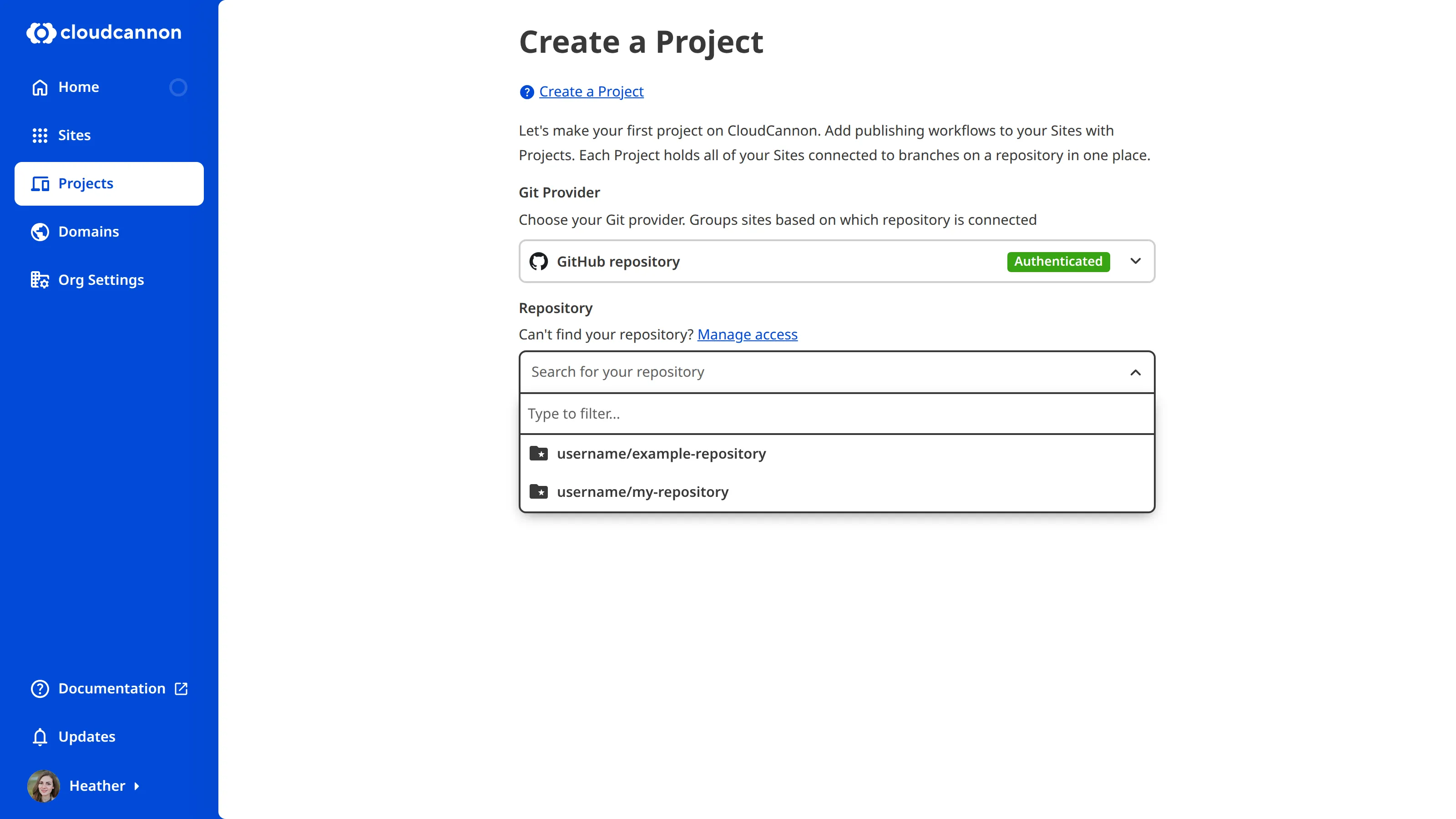 A screenshot of the Create a Project page shows fields for Git Provider, Repository, Main Branch, and other settings.