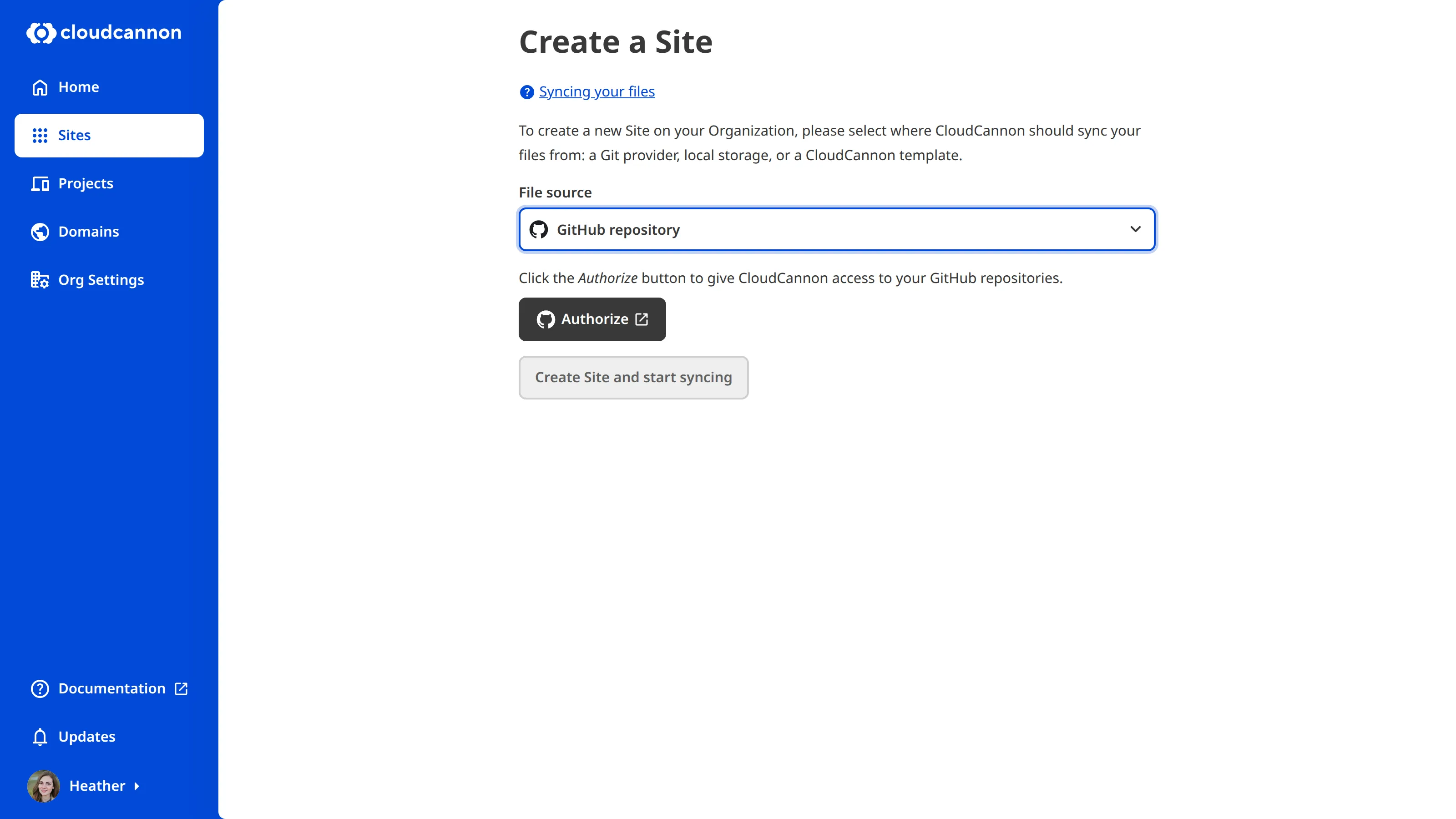 A screenshot of the Create a Site page shows an Authenticate button to approve CloudCannon's access to GitHub.
