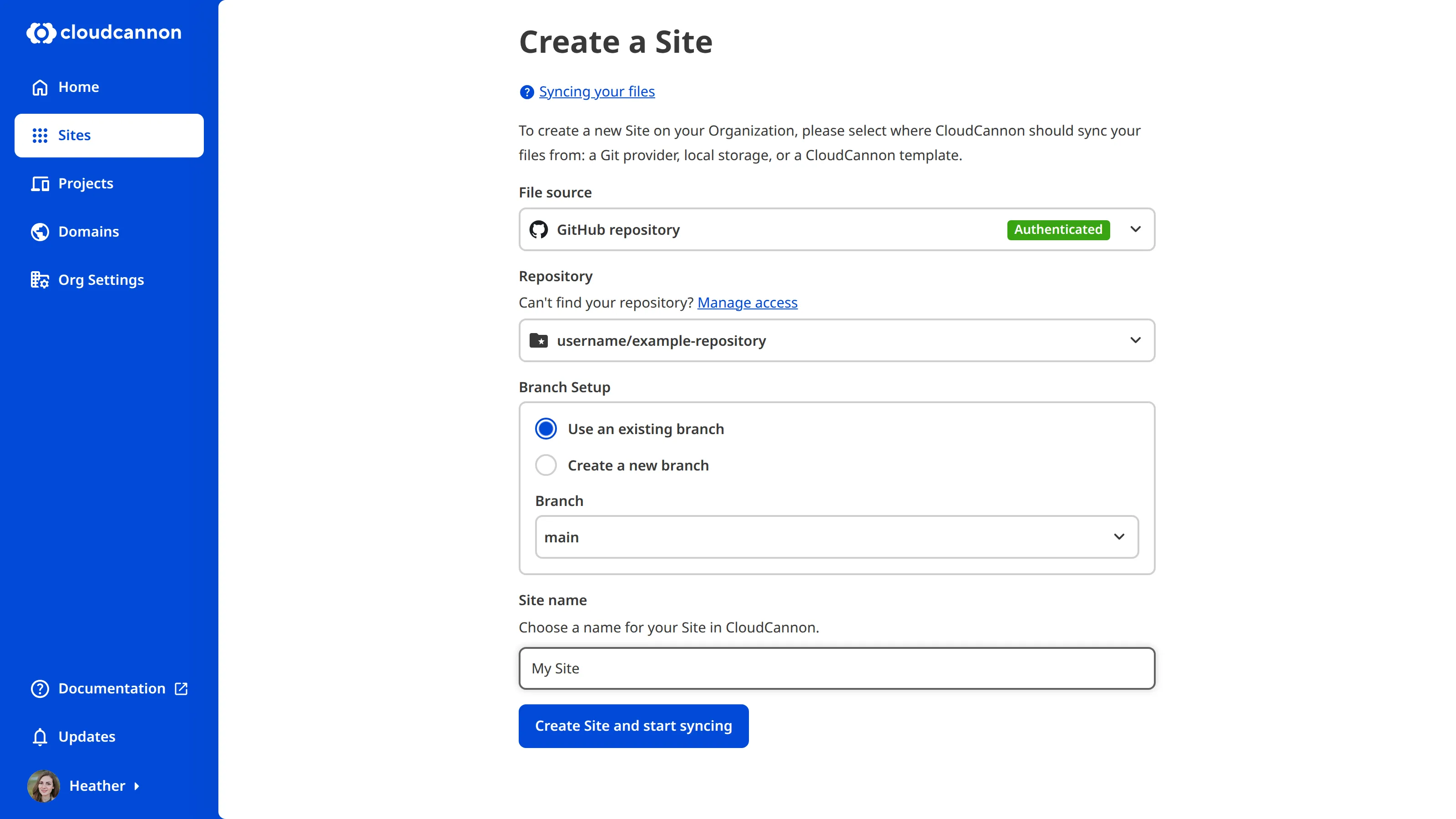 A screenshot of the Create a Site page shows all fields are complete.
