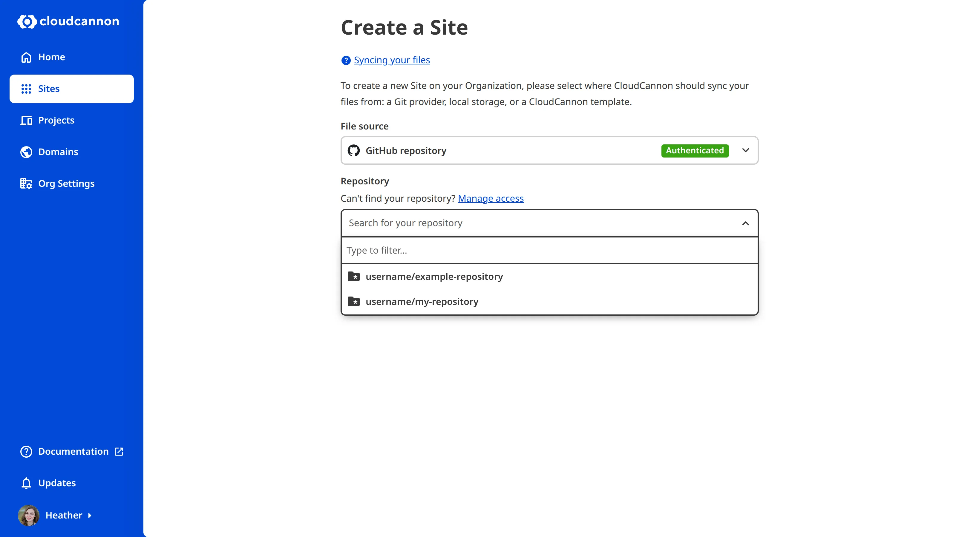 The Create a Site page with GitHub authorized and the Repository dropdown open, listing available repositories.