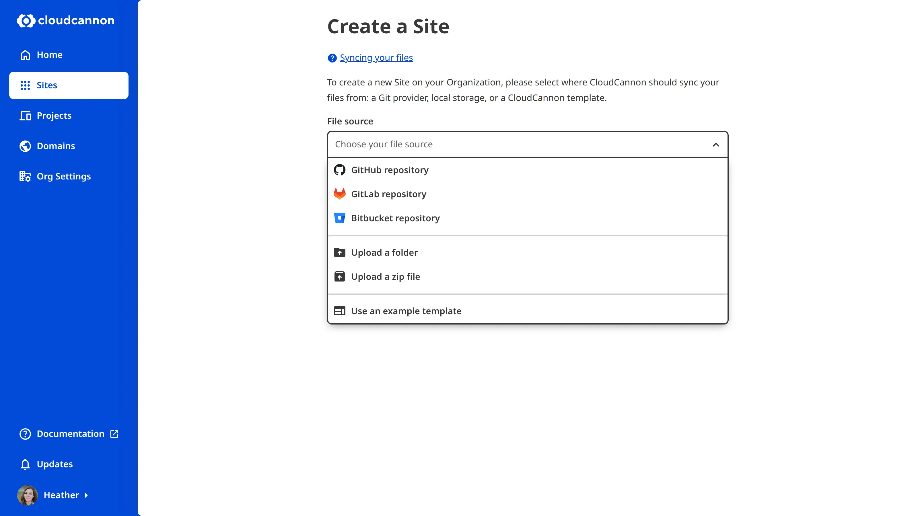 A screenshot of the Create a Site page shows a dropdown to select your File Source from a Git repository, local storage, or a template.
