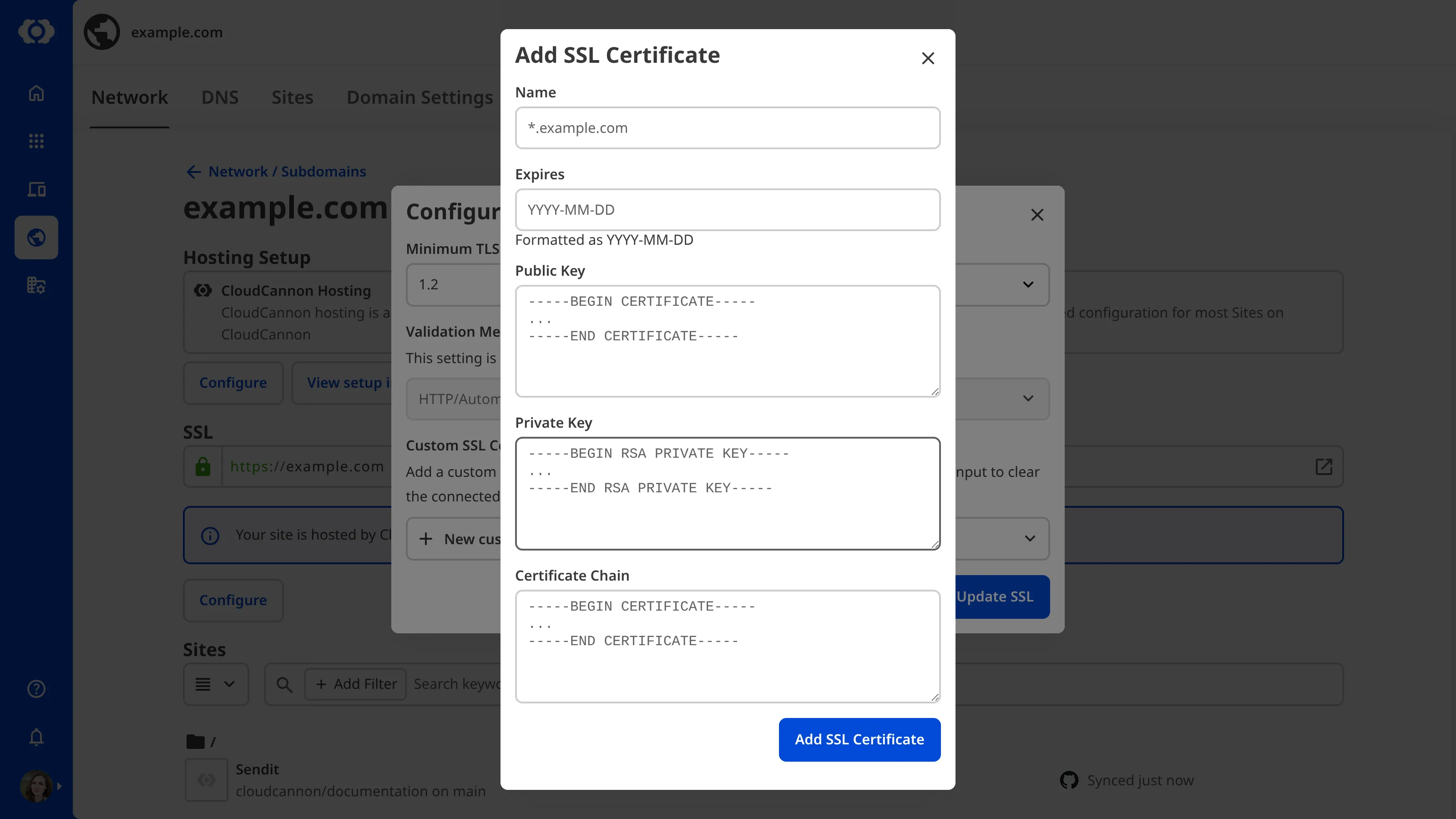 A screenshot of the Add SSL Certificate modal showing fields for Name, Expires, Public Key, Private Key, and Certificate Chain.