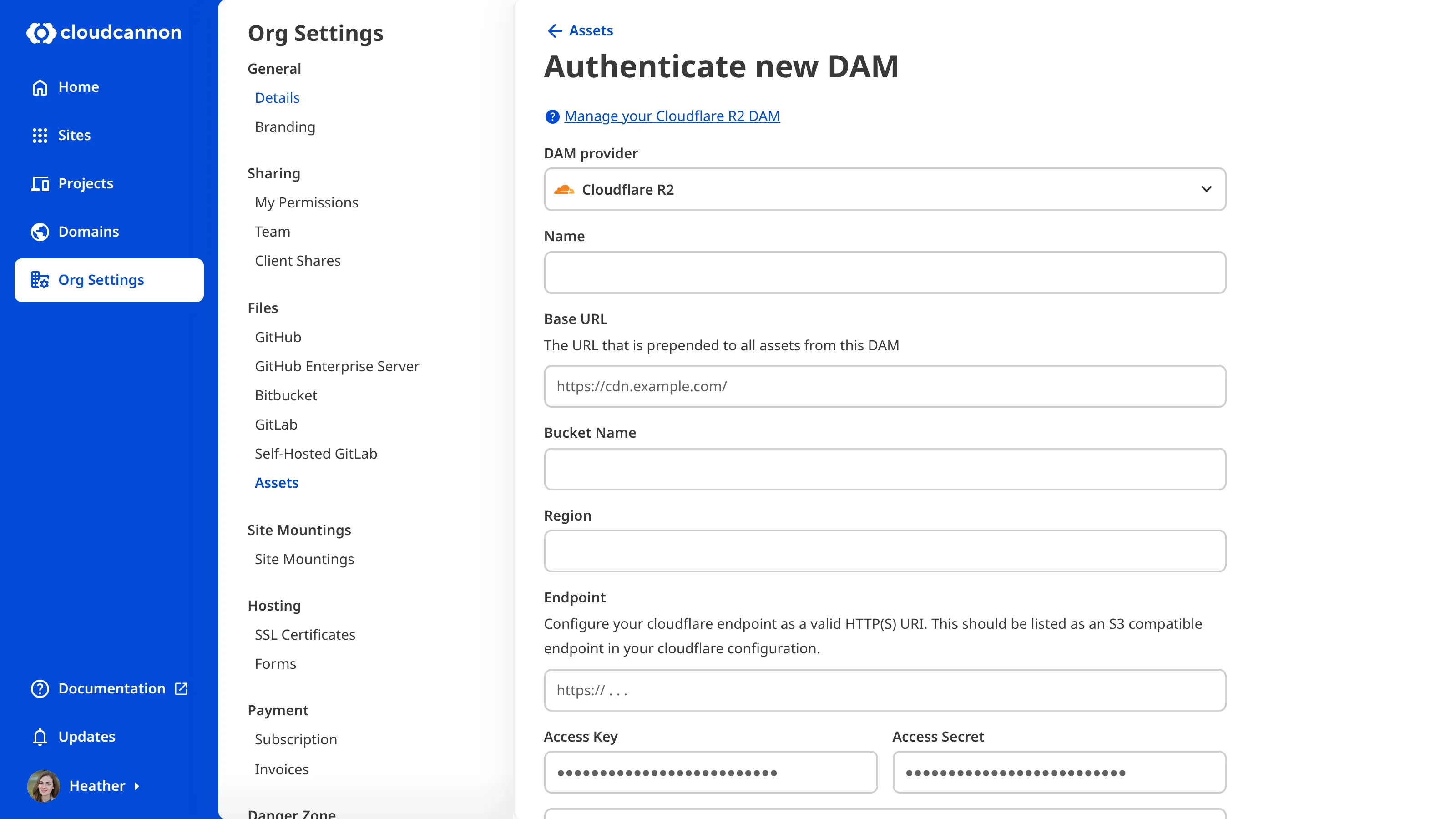 Screenshot of the CloudCannon form for authenticating an R2 DAM
