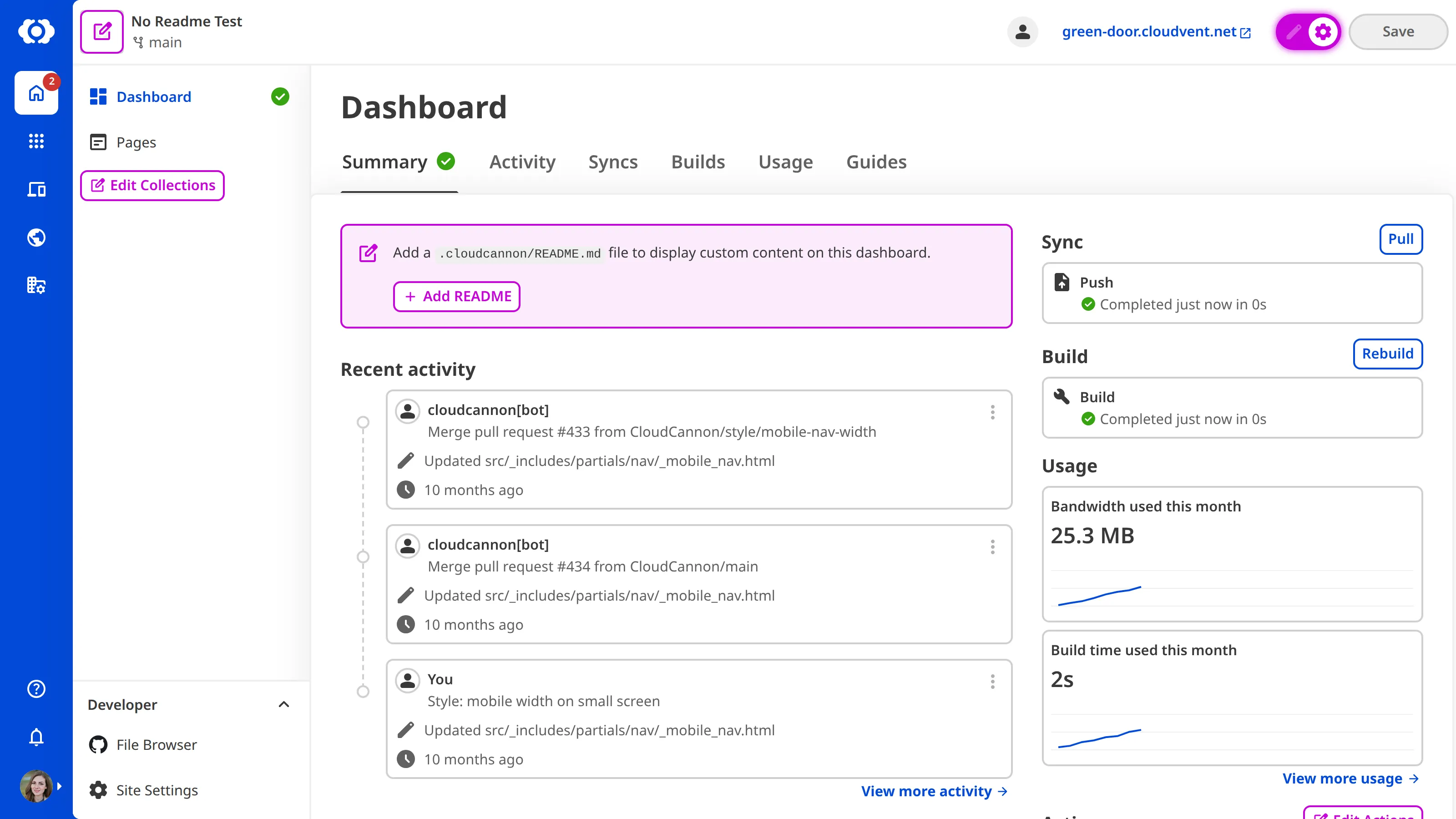 A screenshot of the Site Dashboard with Configuration Mode on shows a purple + Add README button.