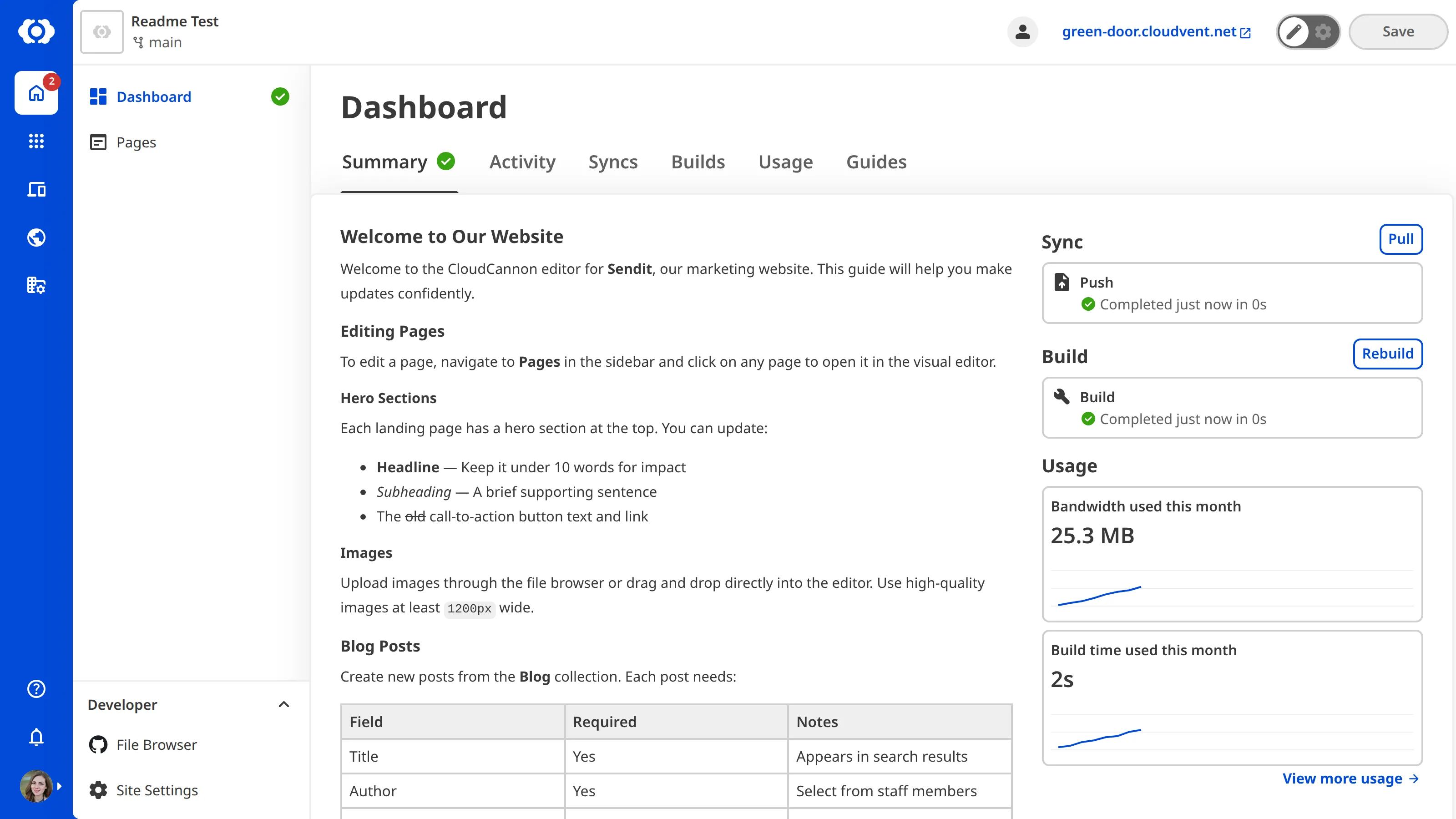 A screenshot of the Site Dashboard shows custom Markdown content at the top of the Summary tab.