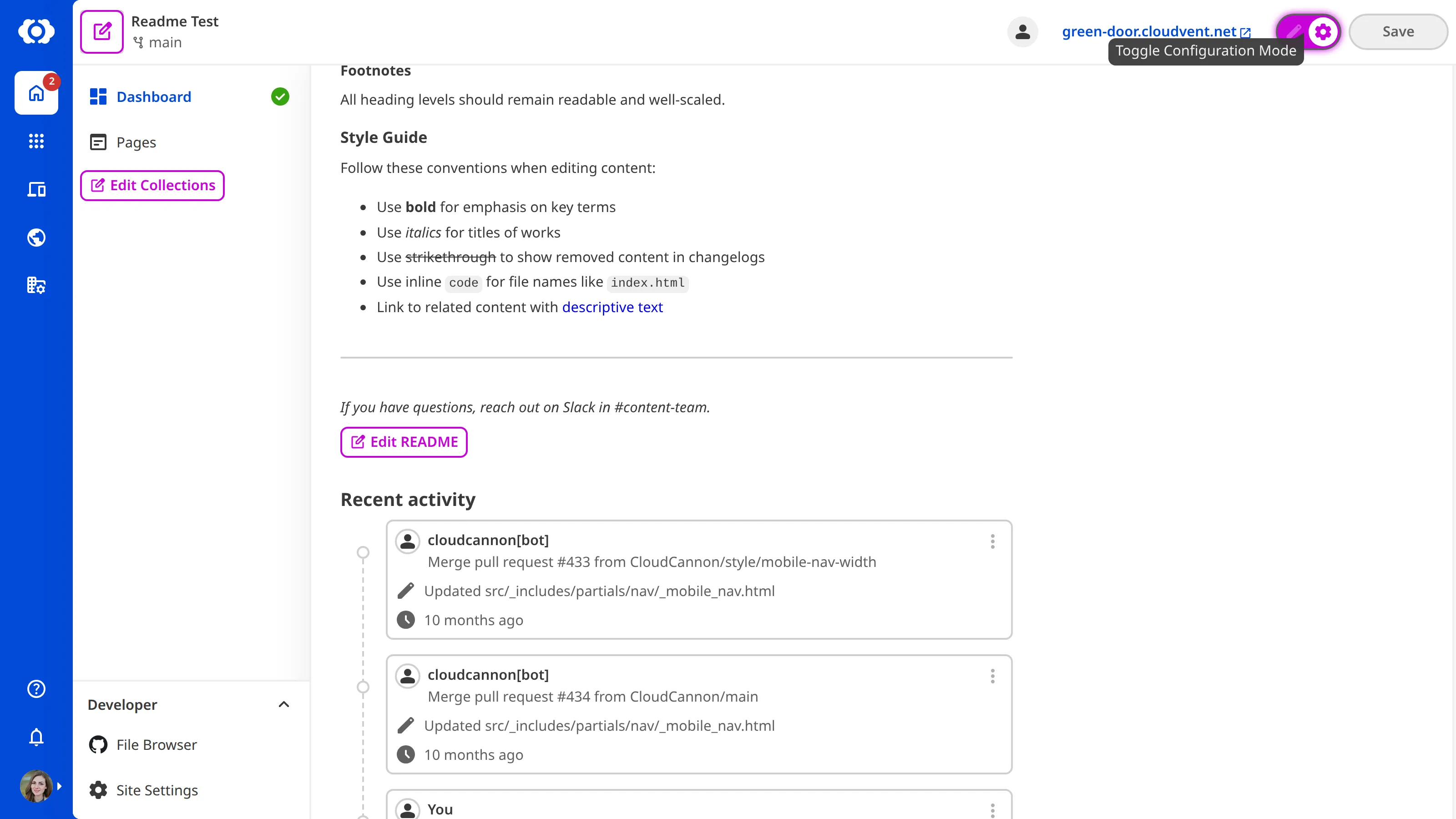 A screenshot of the Site Dashboard with Configuration Mode on shows a purple Edit README button.