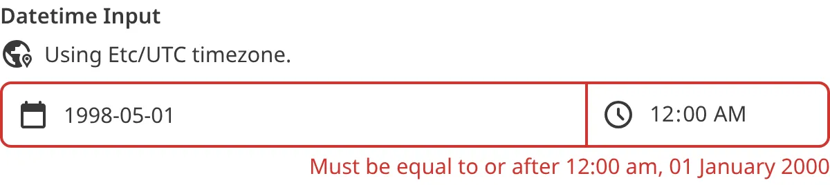A screenshot of the Date input in the Data Editor shows that the current value does not meet validation criteria.