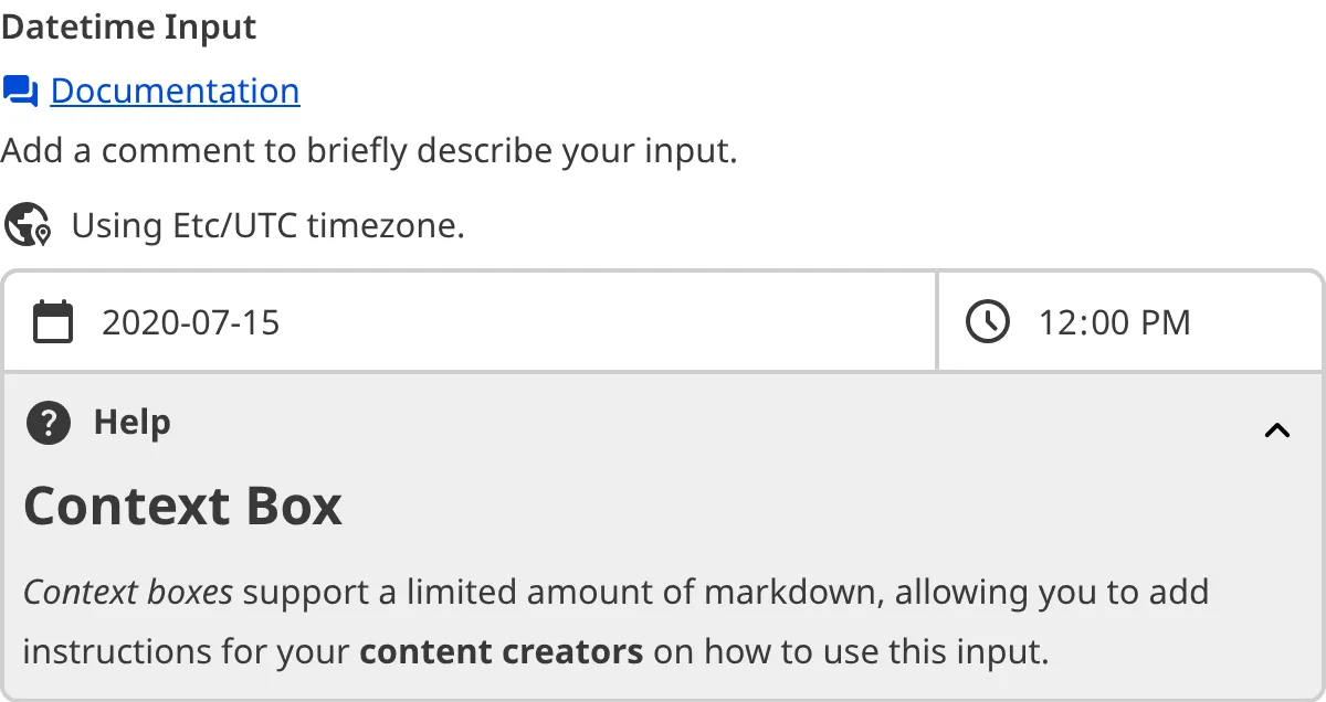 A screenshot of the Datetime Input in the Data Editor with a Context Box underneath the text field.