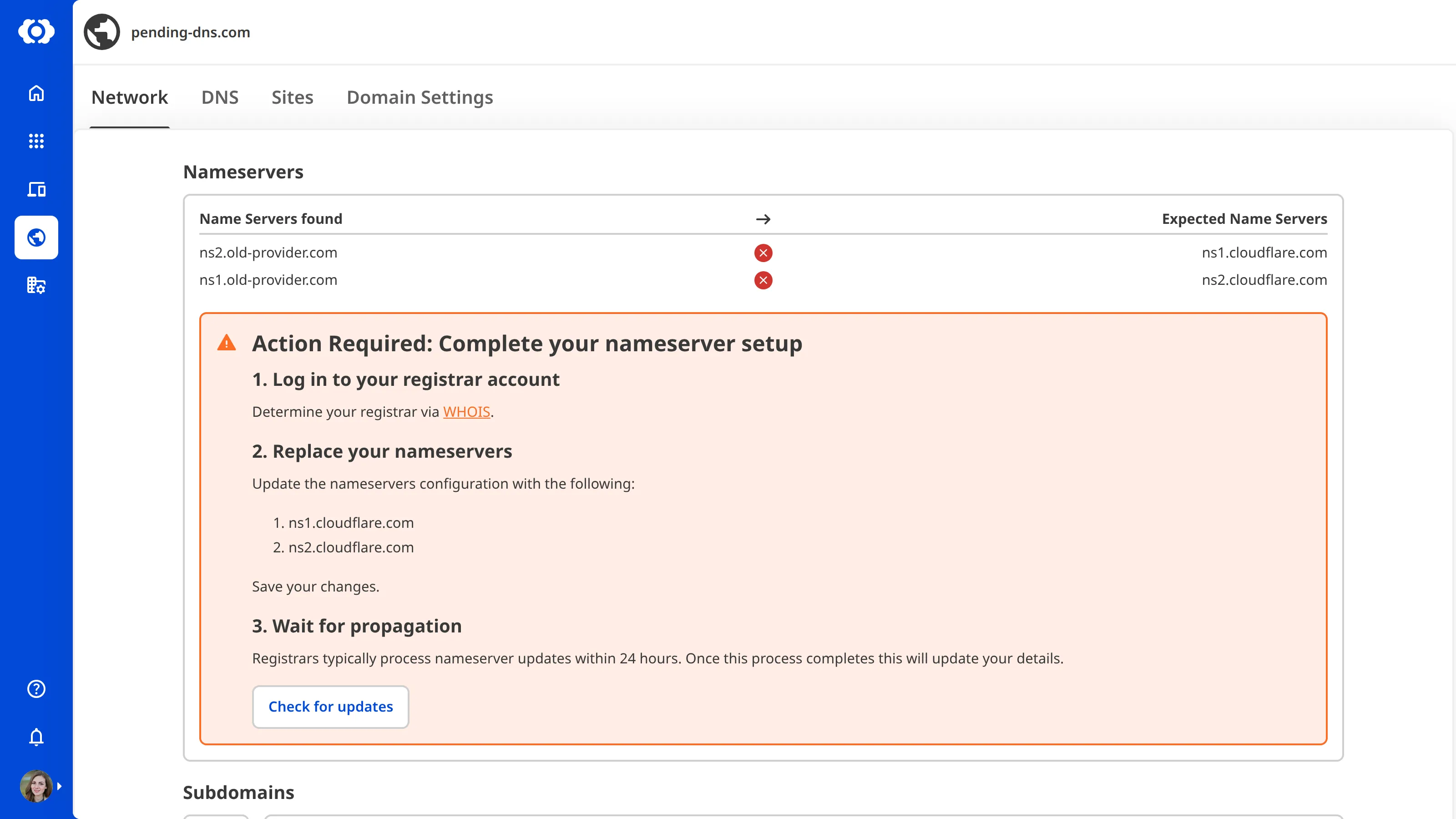 A screenshot of the Domain Network page shows the nameserver setup instructions for a domain with misconfigured nameservers.