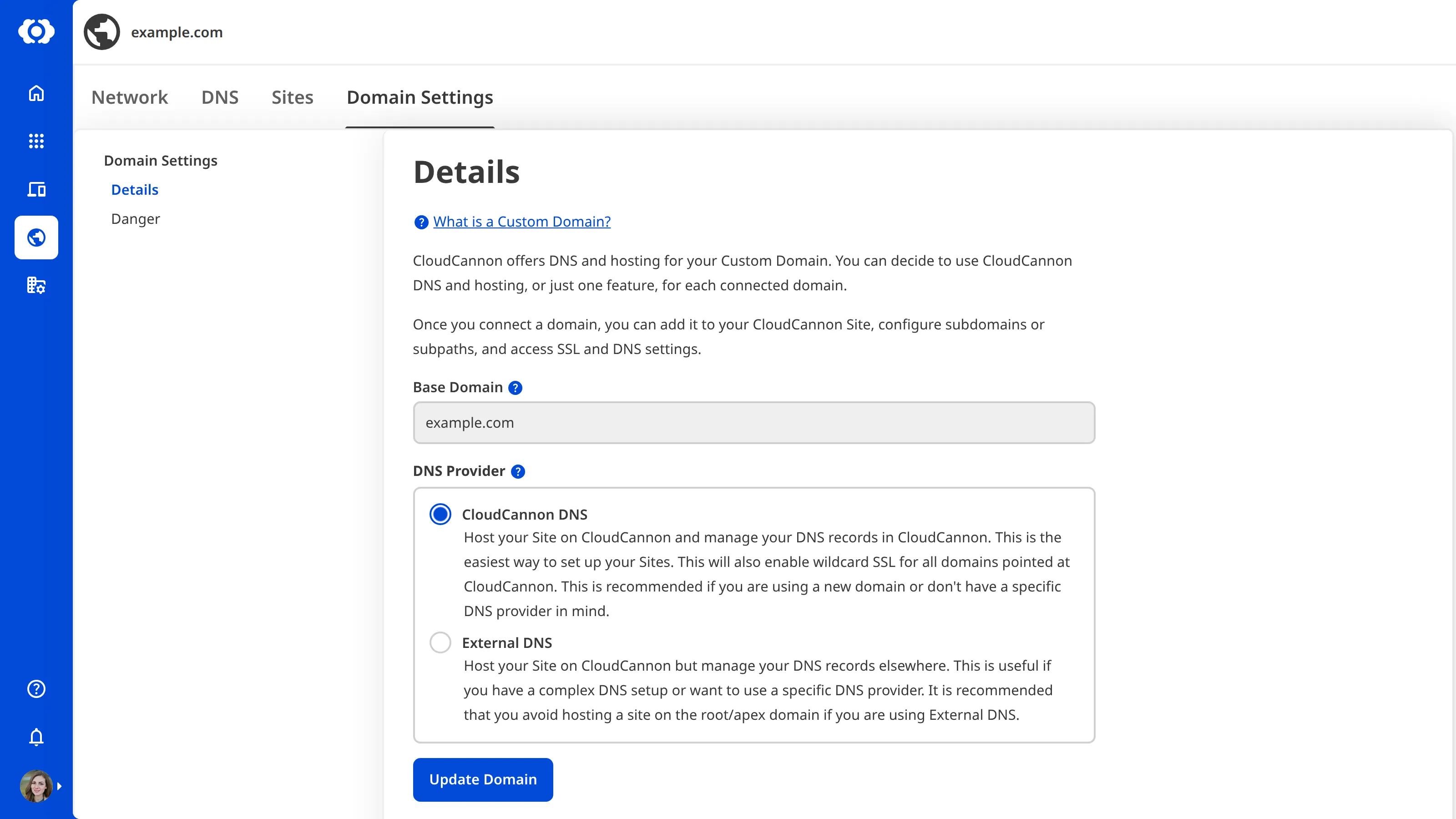 A screenshot of the Domain Settings page shows the DNS Provider radio button is set to CloudCannon DNS.