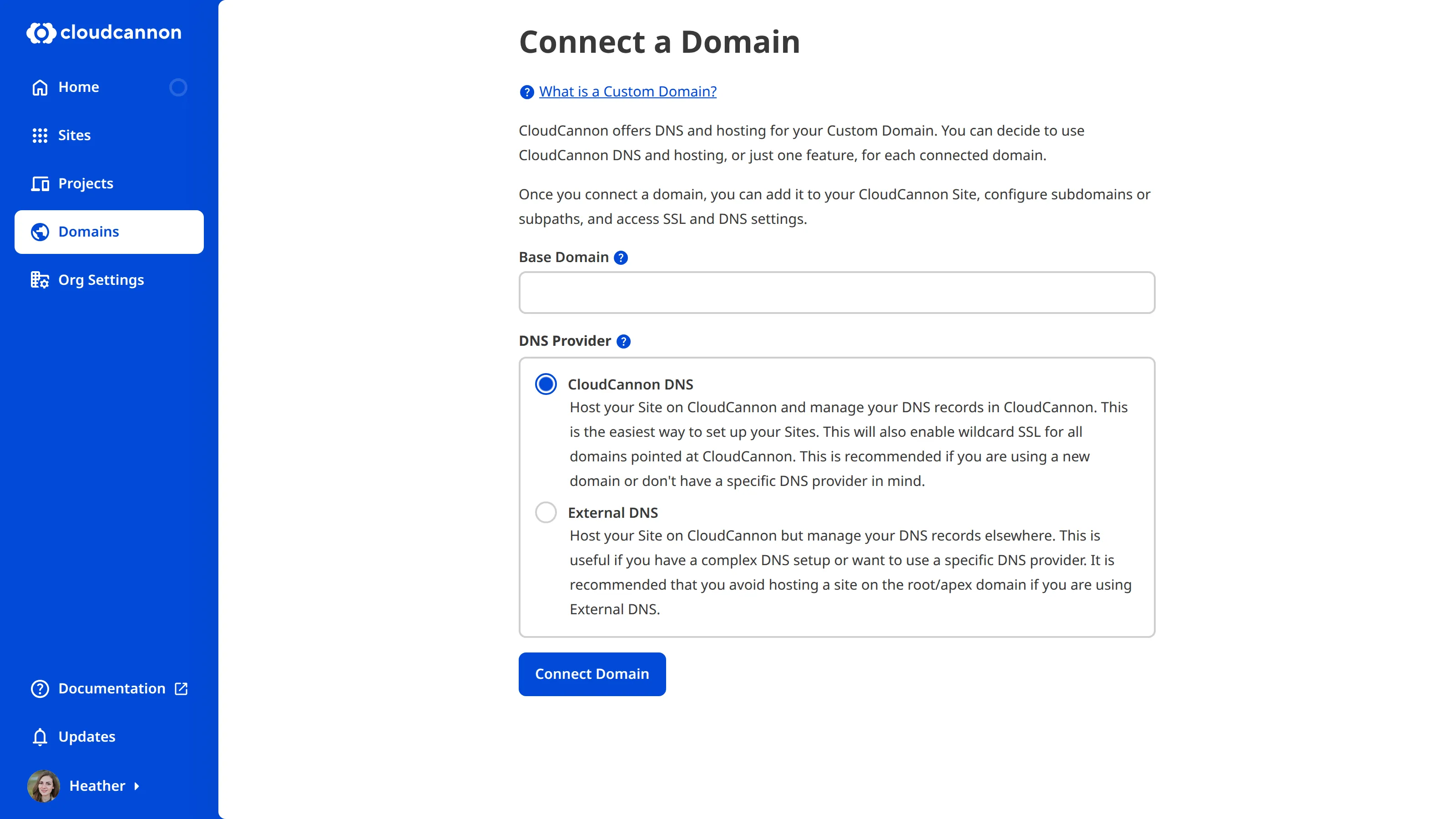 A screenshot of the Connect your first Domain page.