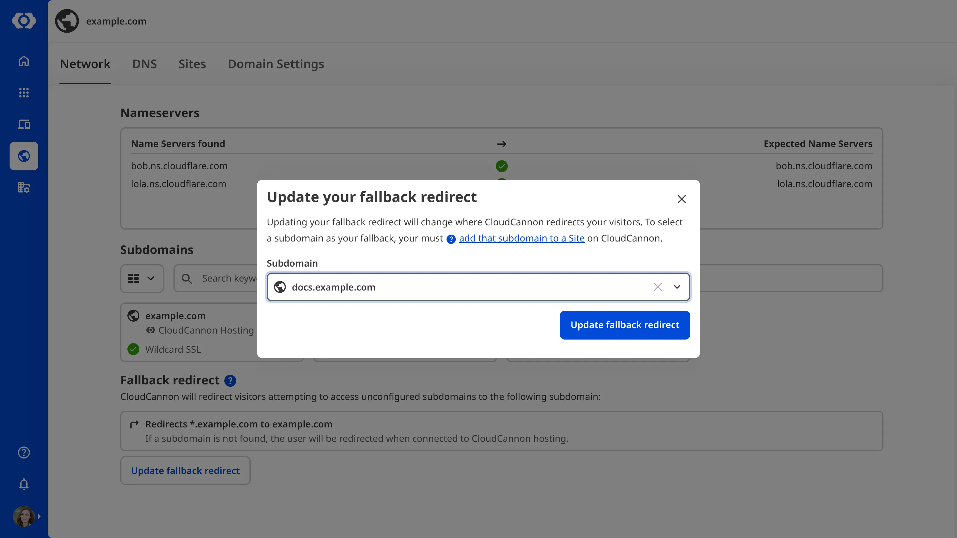A screenshot of the Update your fallback redirect modal on the Network tab shows a Subdomain dropdown for selecting a new fallback redirect.