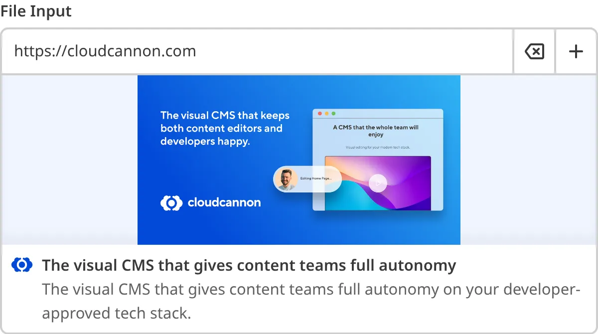 A screenshot of the File Input in the Data Editor shows an external URL value with a preview of the URL image, title, and subtitle.