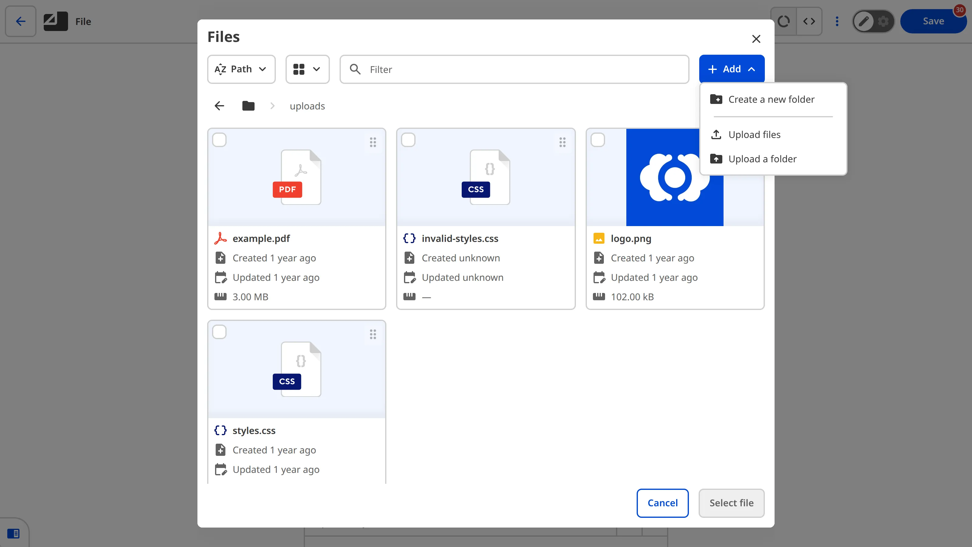 The file browser shows existing files with the Add button dropdown open, providing options to upload new files.