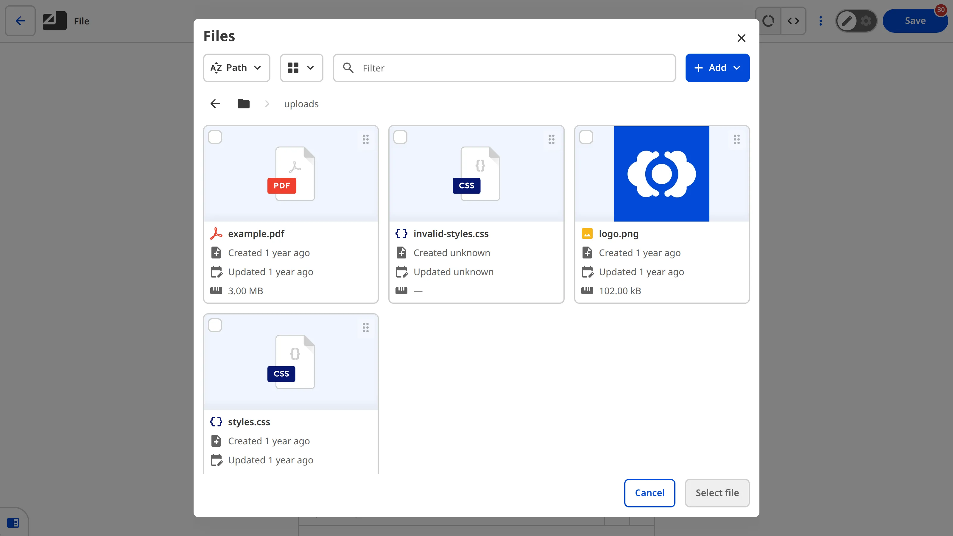 A screenshot of the File Input File Browser shows the default upload location for files, with three files you can select as the Input value.