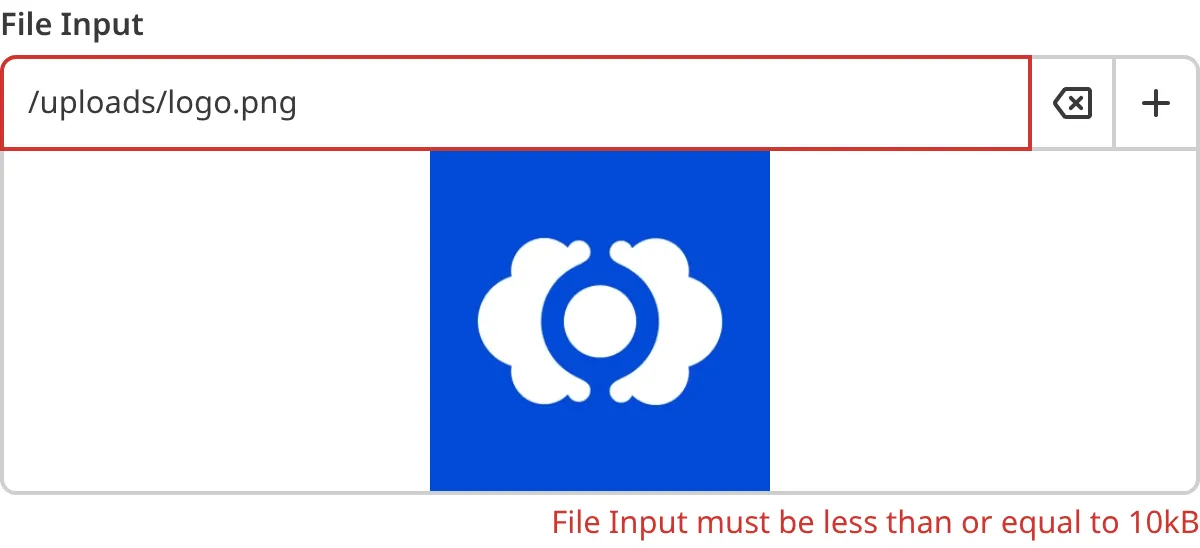A screenshot of the File input in the Data Editor shows that the uploaded file does not meet file size requirements.