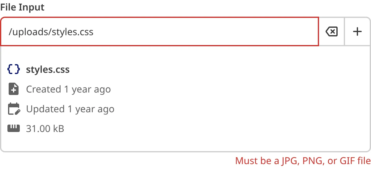 A screenshot of the File Input in the Data Editor shows an error message as the value does not match the configured pattern.