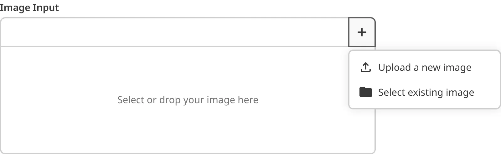A closeup of the file input shows the options to upload or explore existing files in the input dropdown.