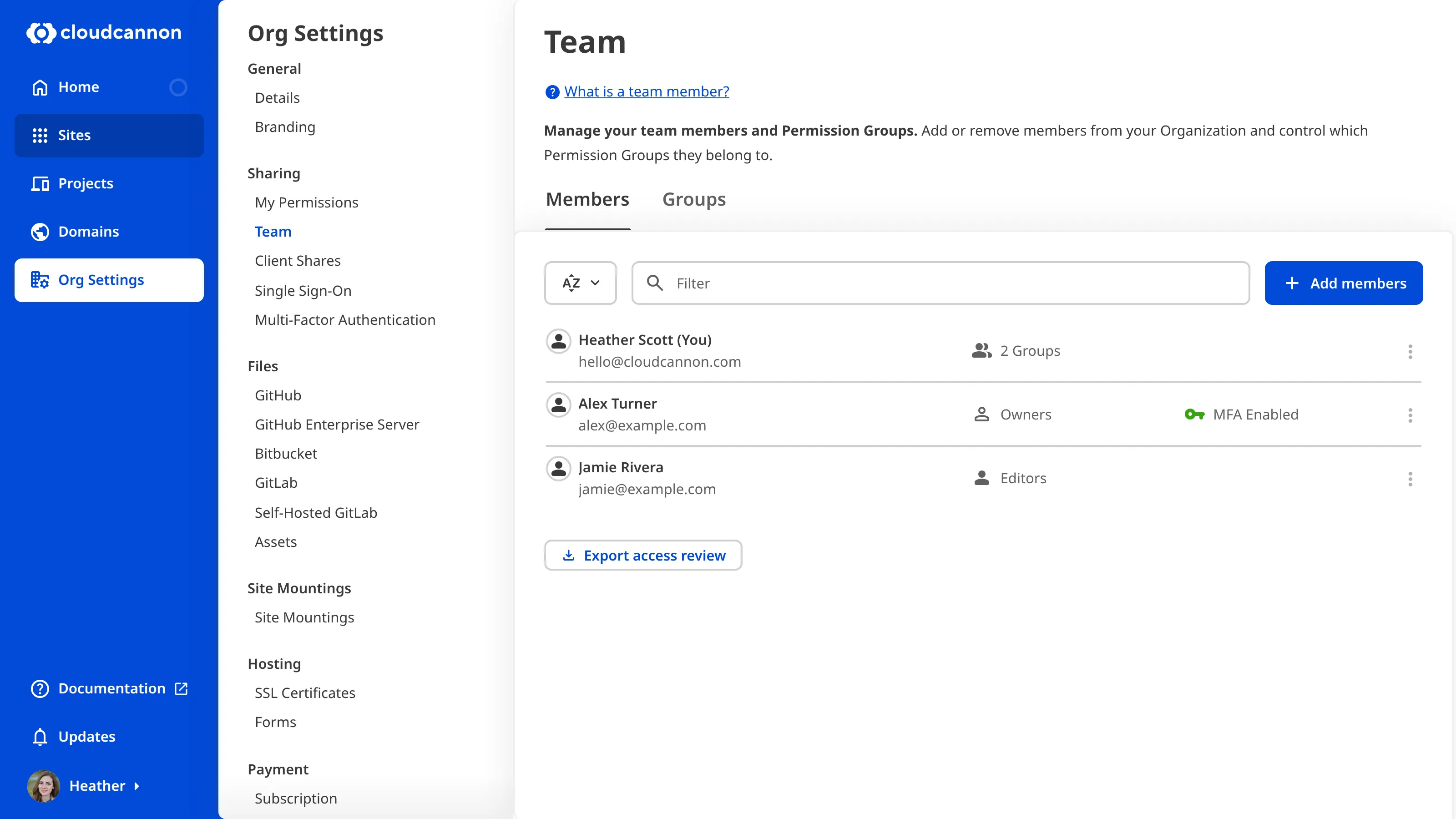A screenshot of the Team page shows which team members have enabled MFA.