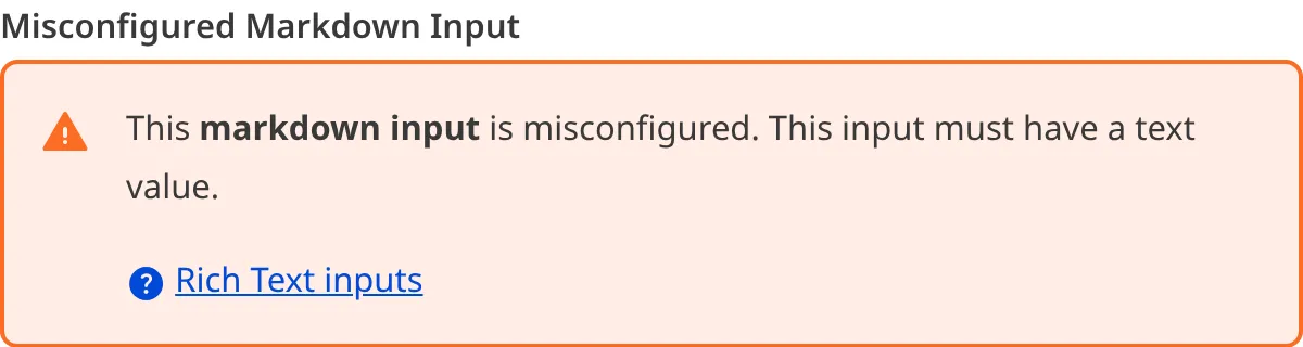 A screenshot of a misconfigured Markdown input in the Data Editor shows an orange warning box.