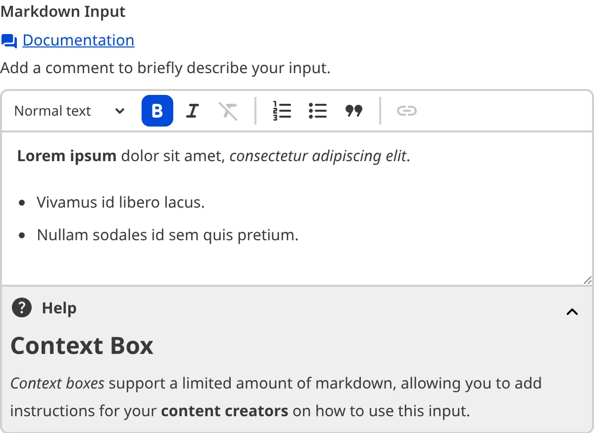 A screenshot of the Markdown Input in the Data Editor with a Context Box underneath the text area.