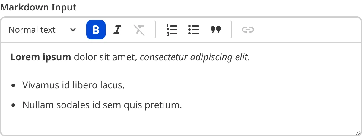 A screenshot of the Markdown input in the Data Editor shows a text field and a WYSIWYG toolbar.