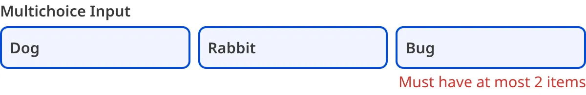 A screenshot of the Multichoice Input in the Data Editor shows an error message as the value contains too many items.
