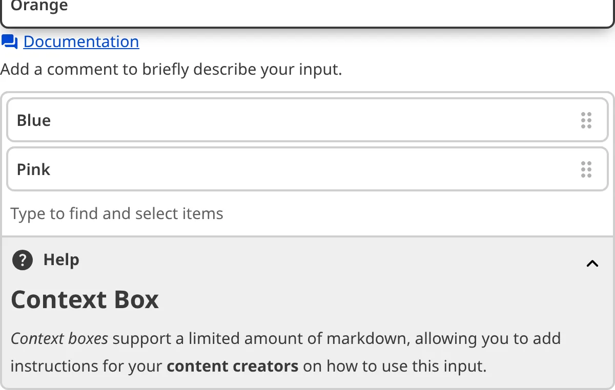 A screenshot of the Select Input in the Data Editor with a Context Box underneath the text area.