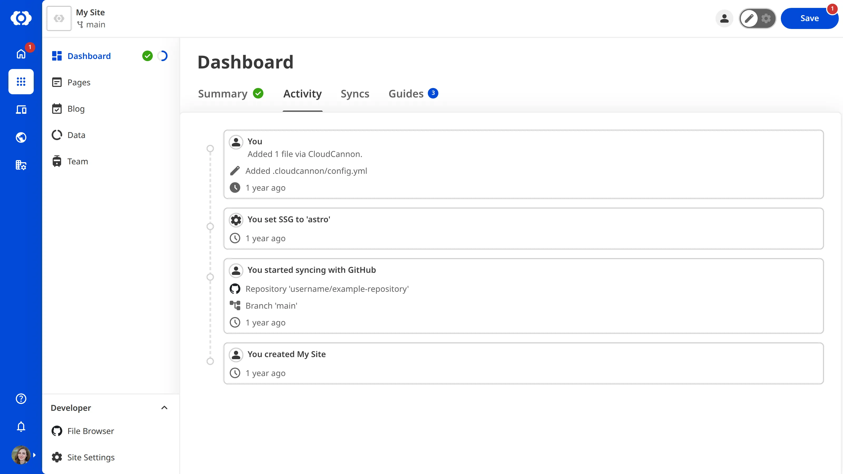 A screenshot of the Activity tab on the Site Dashboard shows two activity item.