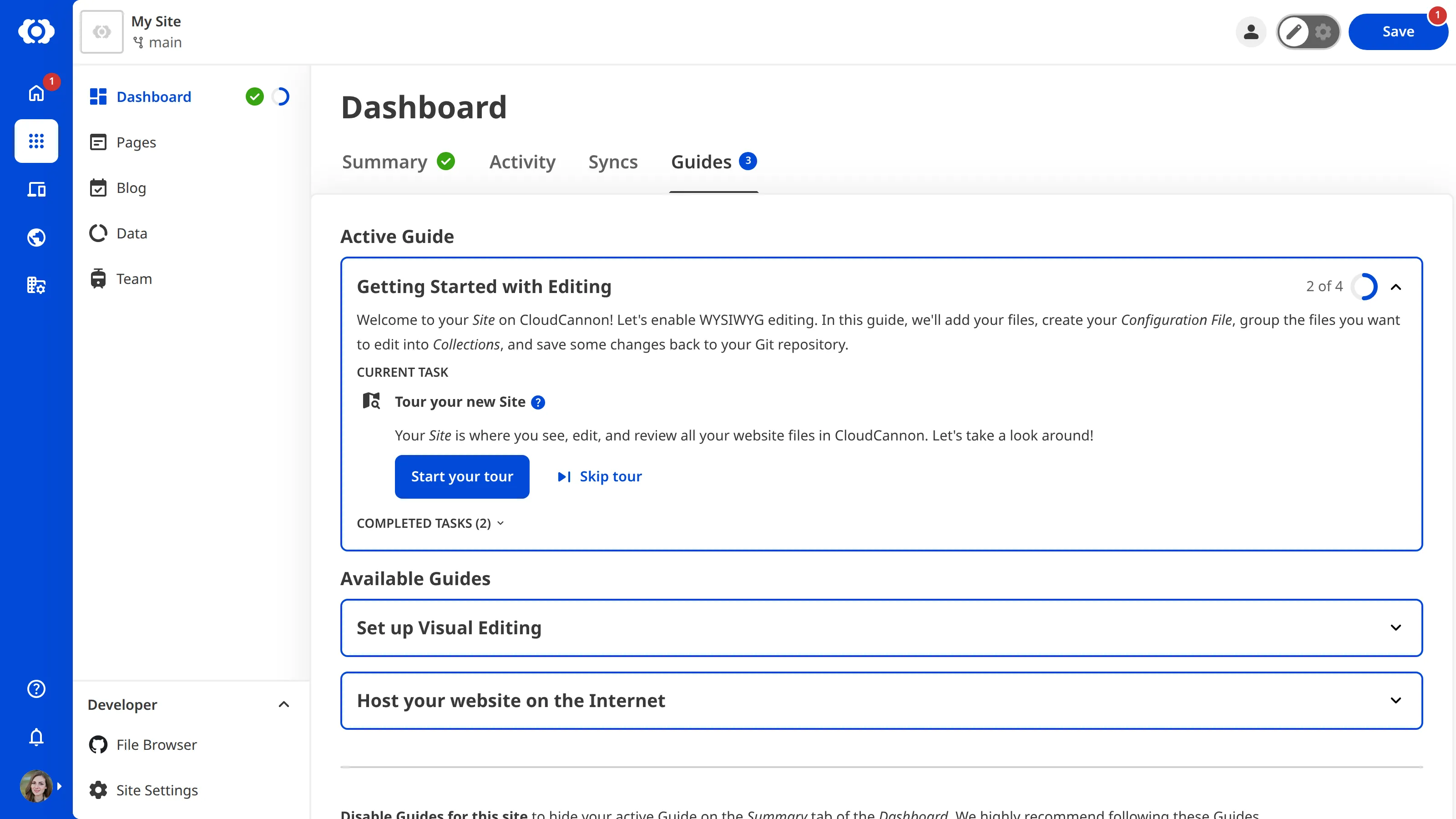 A screenshot of the Guides tab on the Site Dashboard shows one active guide and several other available guides.