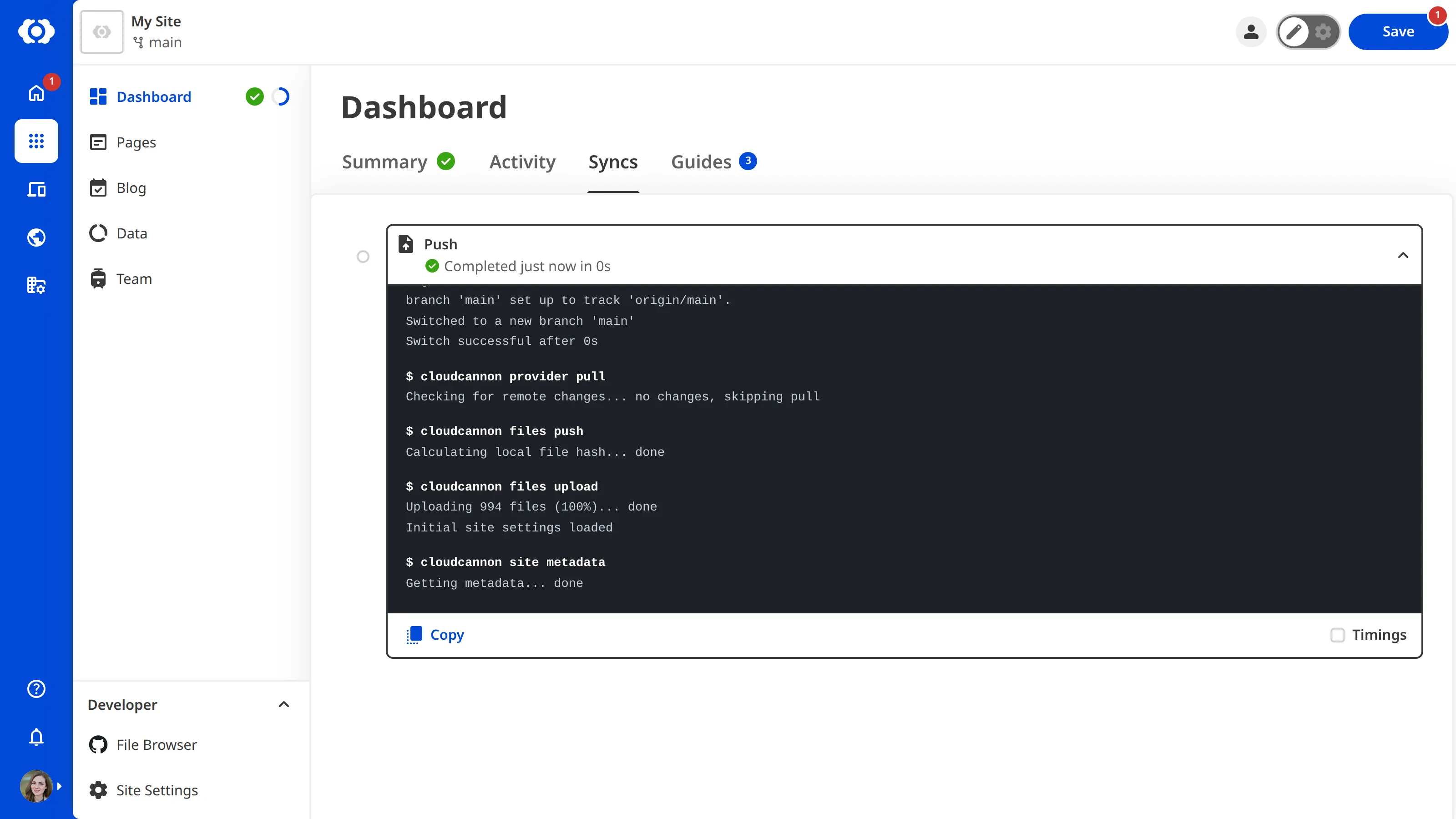 A screenshot of the Syncs tab on the Site Dashboard shows one Sync log.