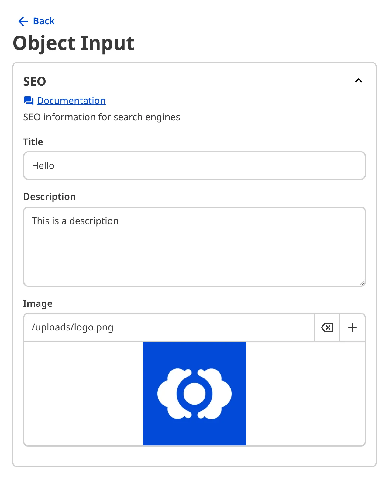 A screenshot of the nested content within an Object Input in the Data Editor shows groups, heading, documentation links, and comments.