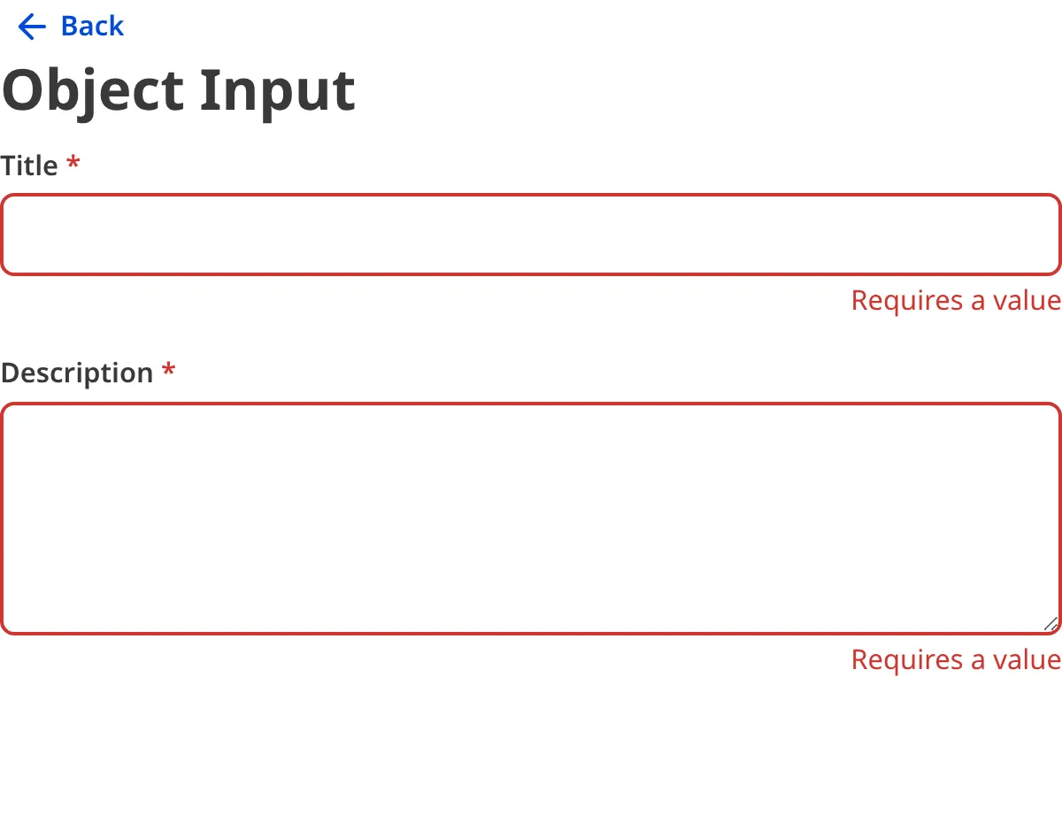 A screenshot of the invalid nested inputs within an Object input in the Data Editor.