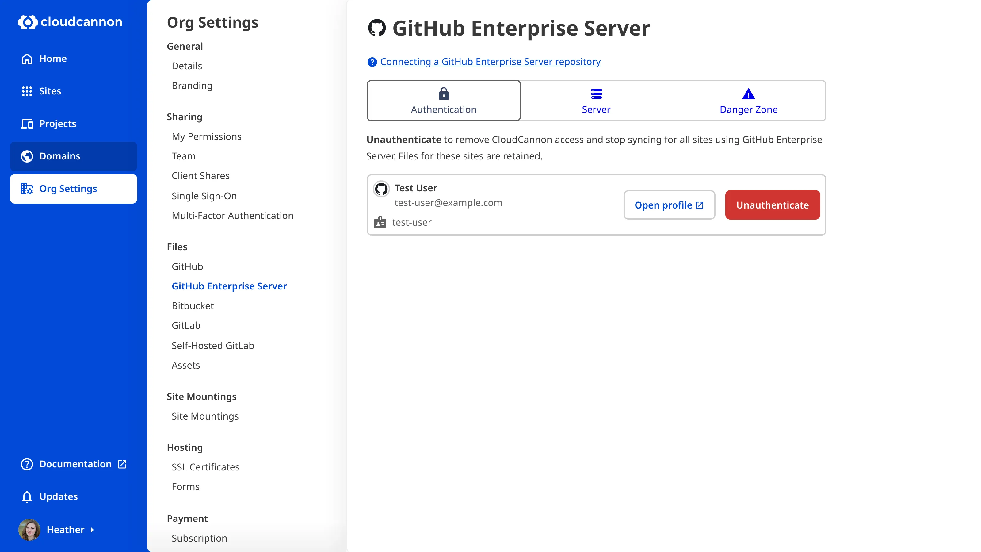 A screenshot of the Organization Settings page for GitHub Enterprise Server shows the configured and authenticated state with Authentication, Server, and Danger Zone tabs.