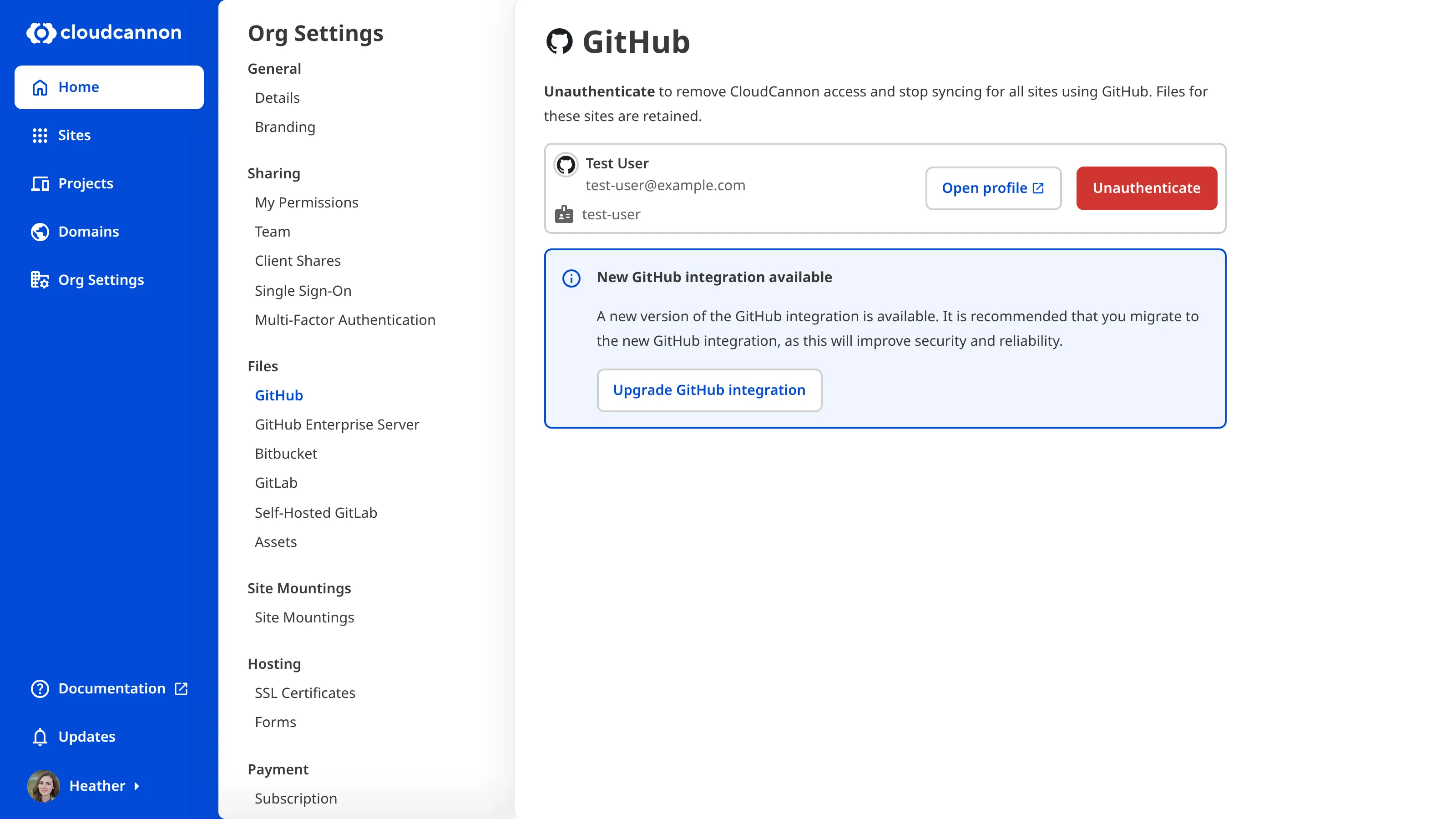 A screenshot of the GitHub Organization Settings page shows a migration banner prompting the user to migrate to the GitHub App integration.