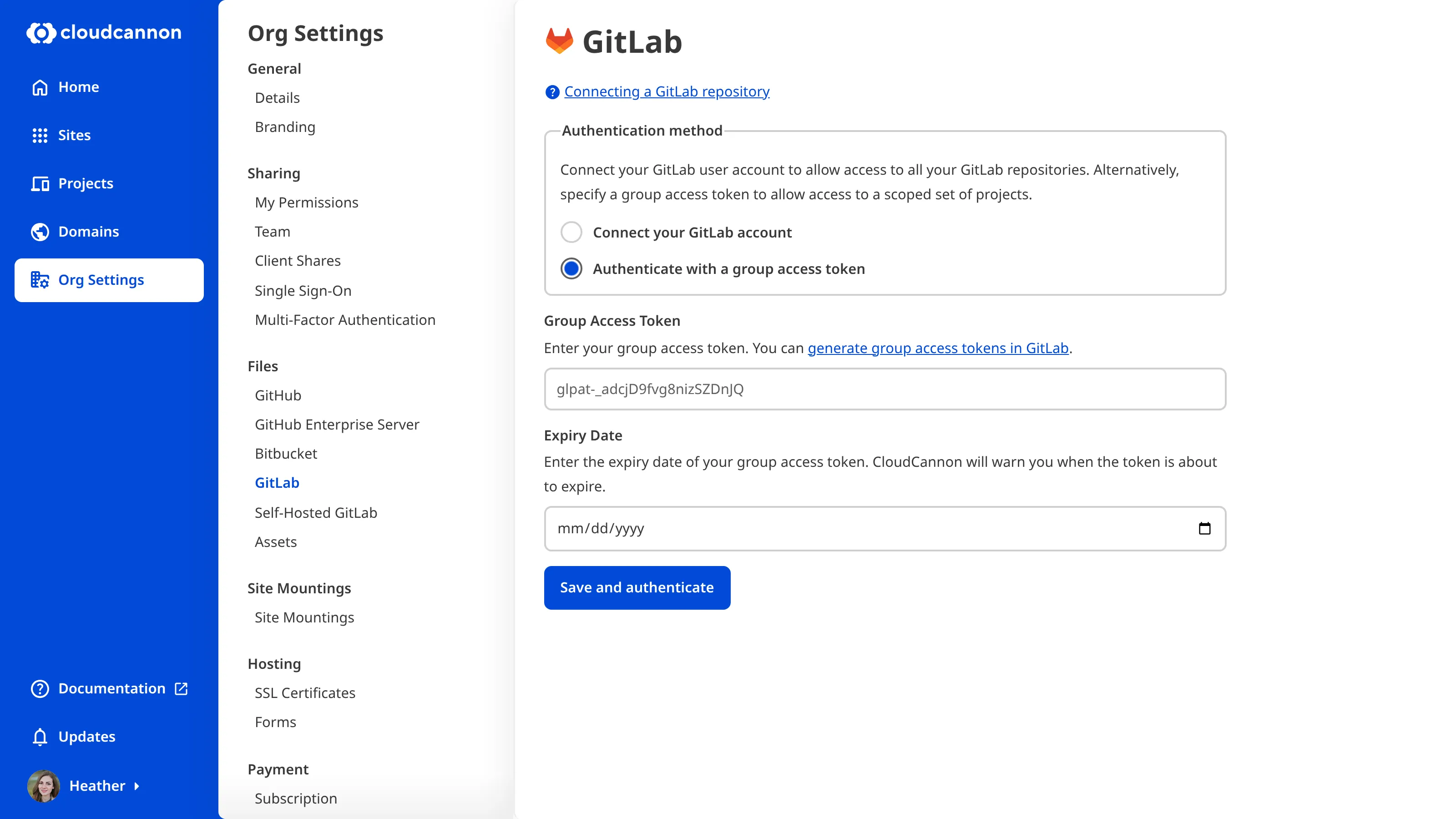 The GitLab Organization Settings page showing the group access token form with fields for the token and expiry date.