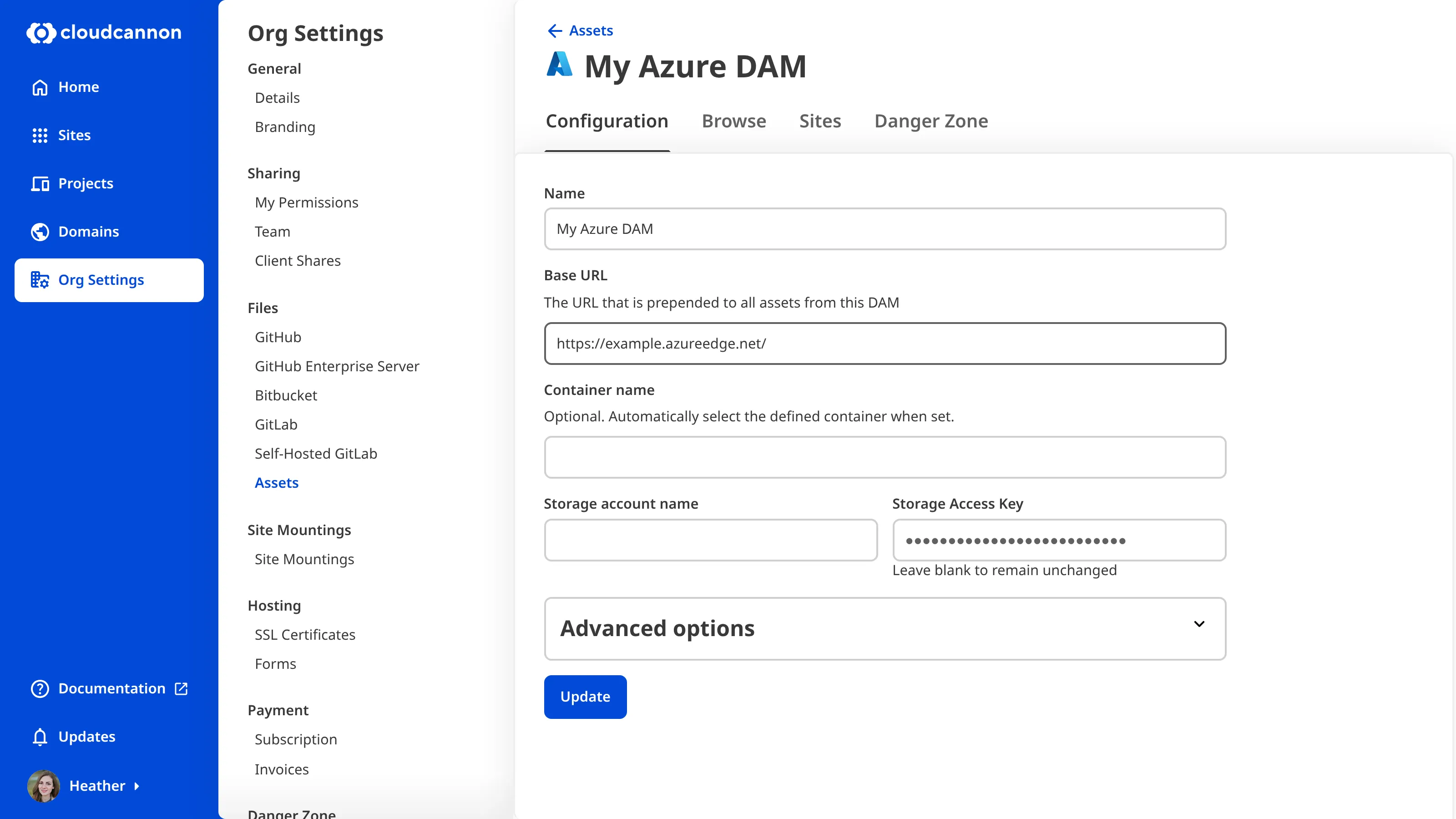 The Configuration tab of an Azure DAM shows fields for Name, Base URL, Container name, Storage account name, Storage Access Key, and advanced options.