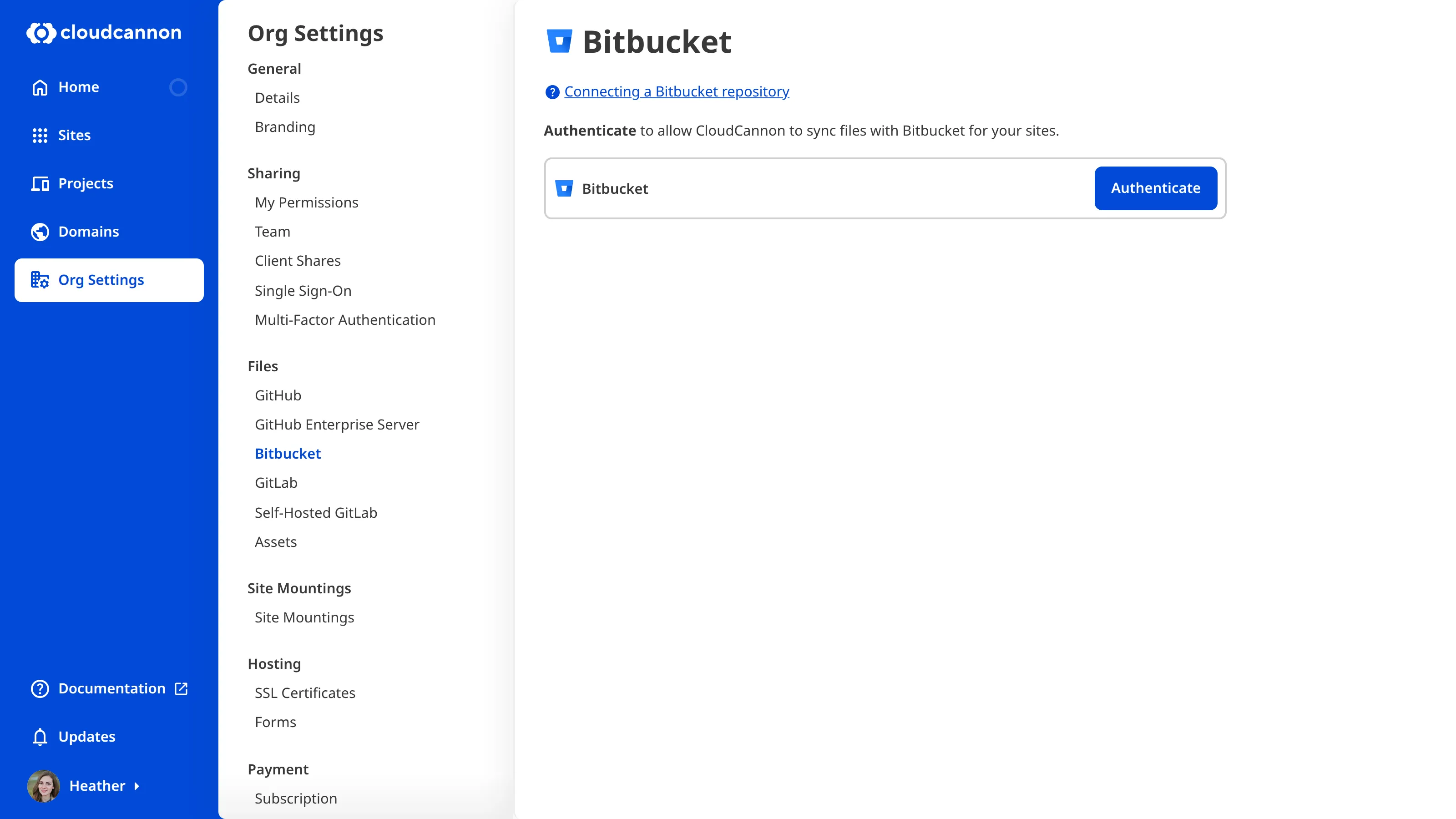 A screenshot of the Bitbucket page under Org Settings shows the authenticate button.