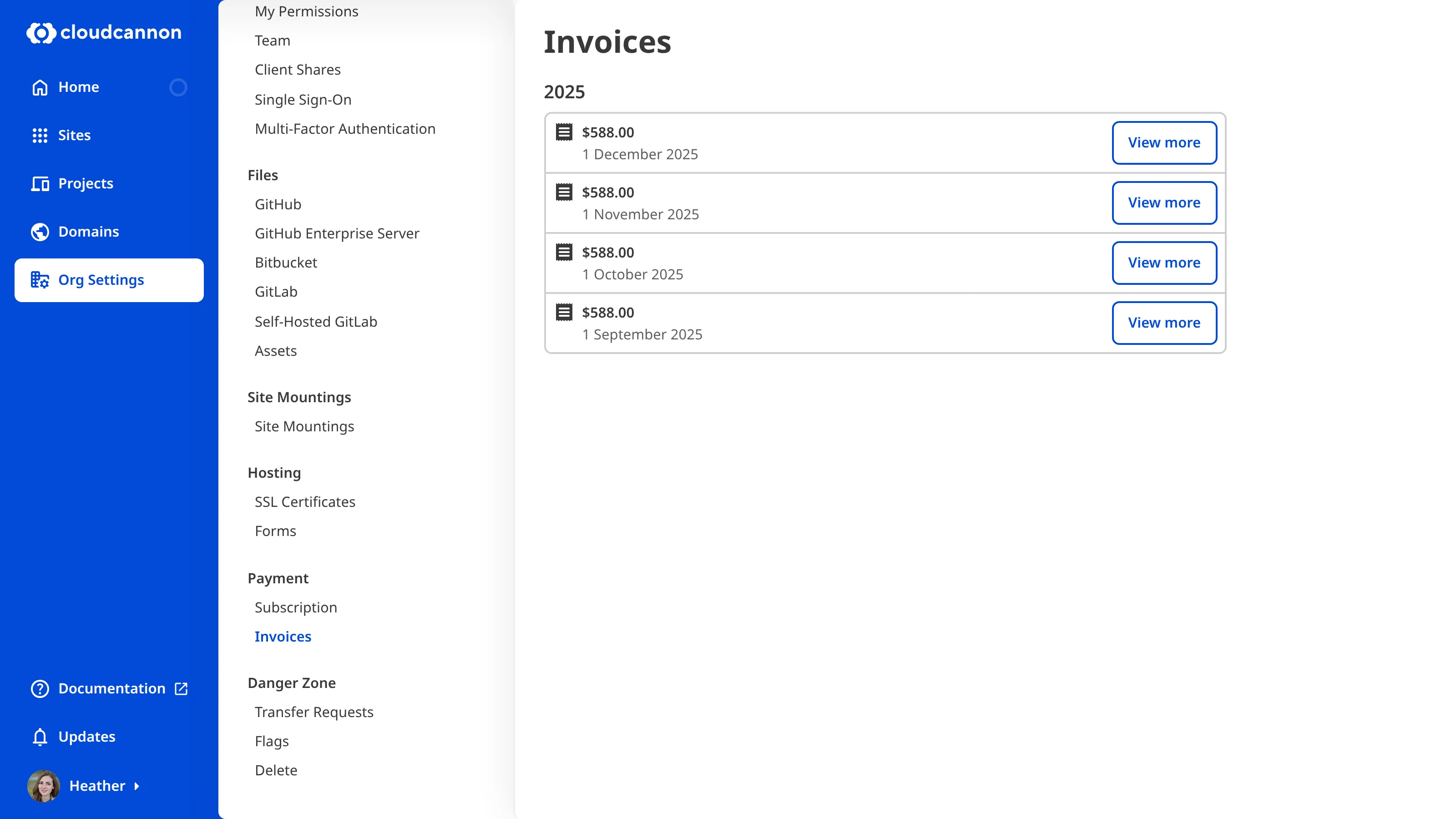 A screenshot of a list of invoices, downloadable as PDFs in CloudCannon.