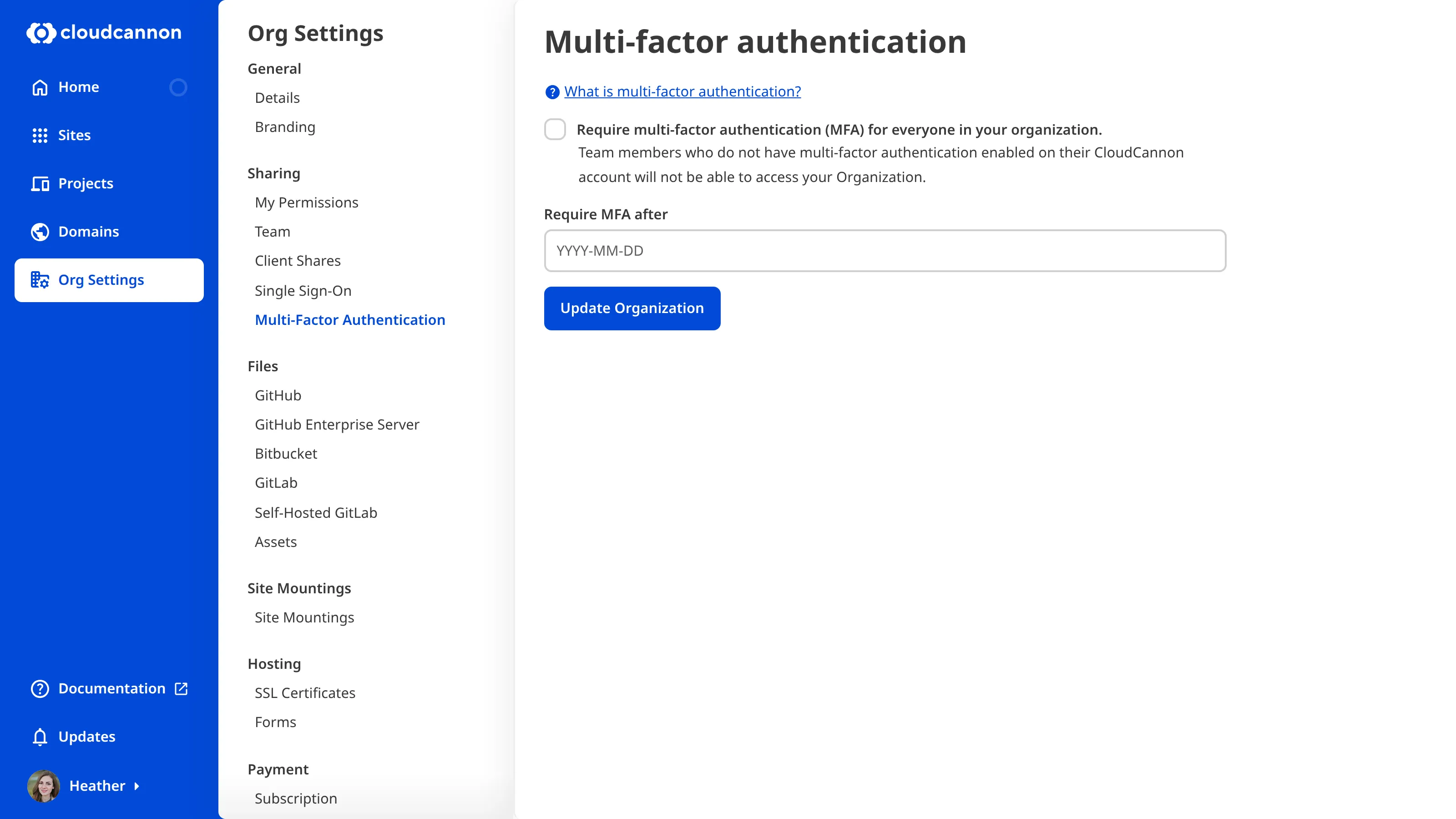 A screenshot of the Multi-factor Authentication page shows a checkbox and date field for enforcing MFA.