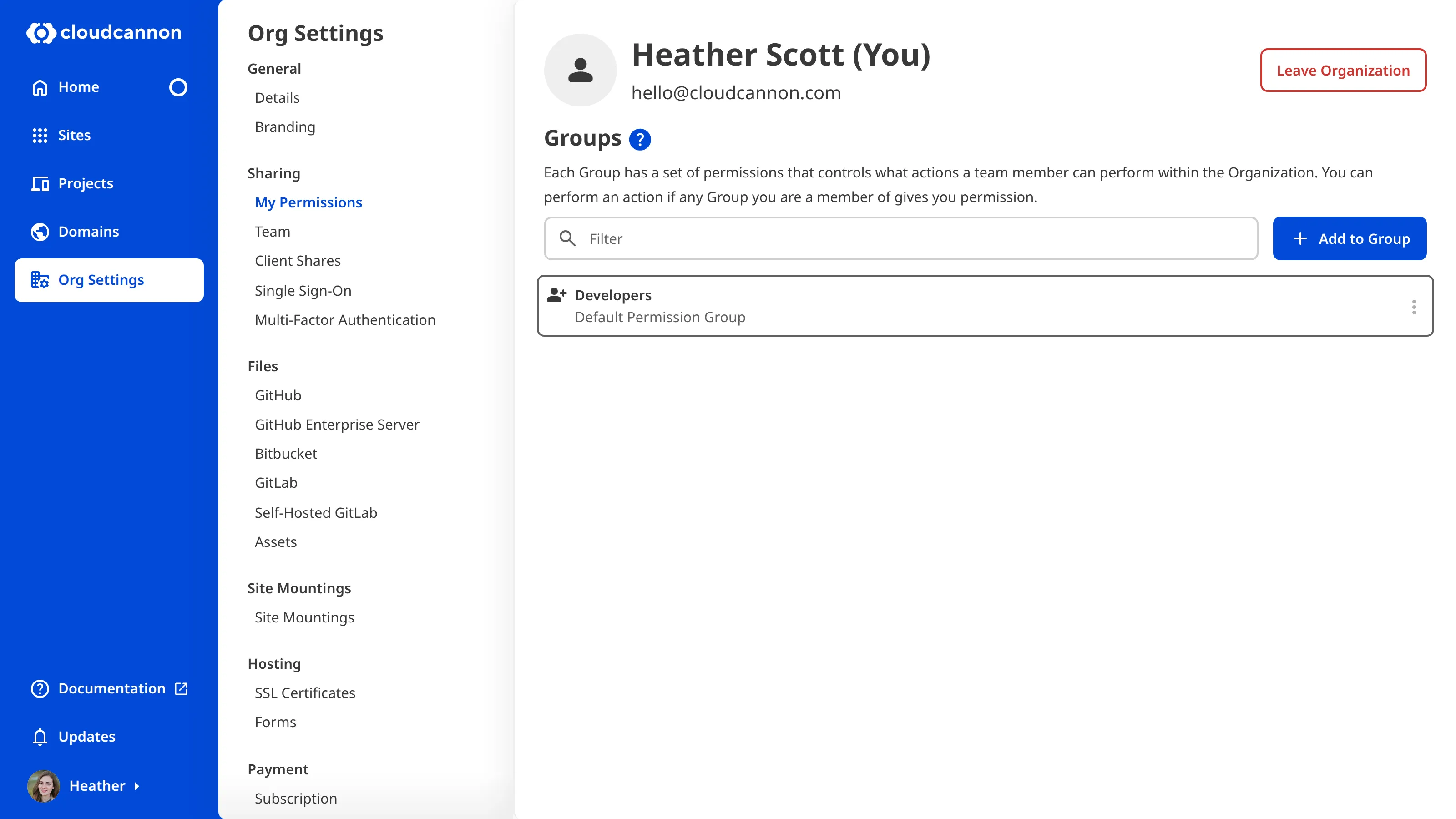 A screenshot of the My Permissions page shows one Permission Group and the Leave Organization button.