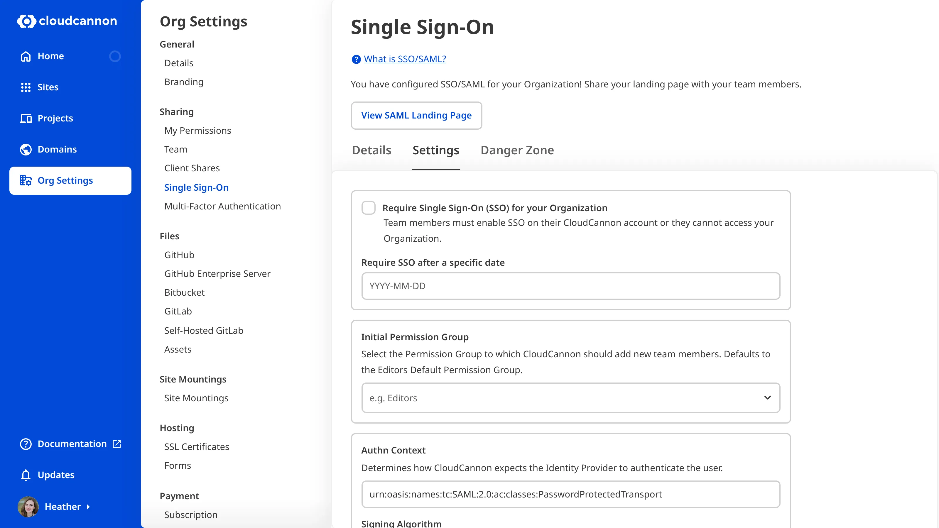 A screenshot of the Settings Tab on the Single Sign-On page shows the Require Single Sign-On (SSO) for your Organization checkbox.